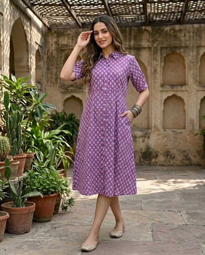 PURPLE COLLAR BELT DRESS (HANDBLOCK)