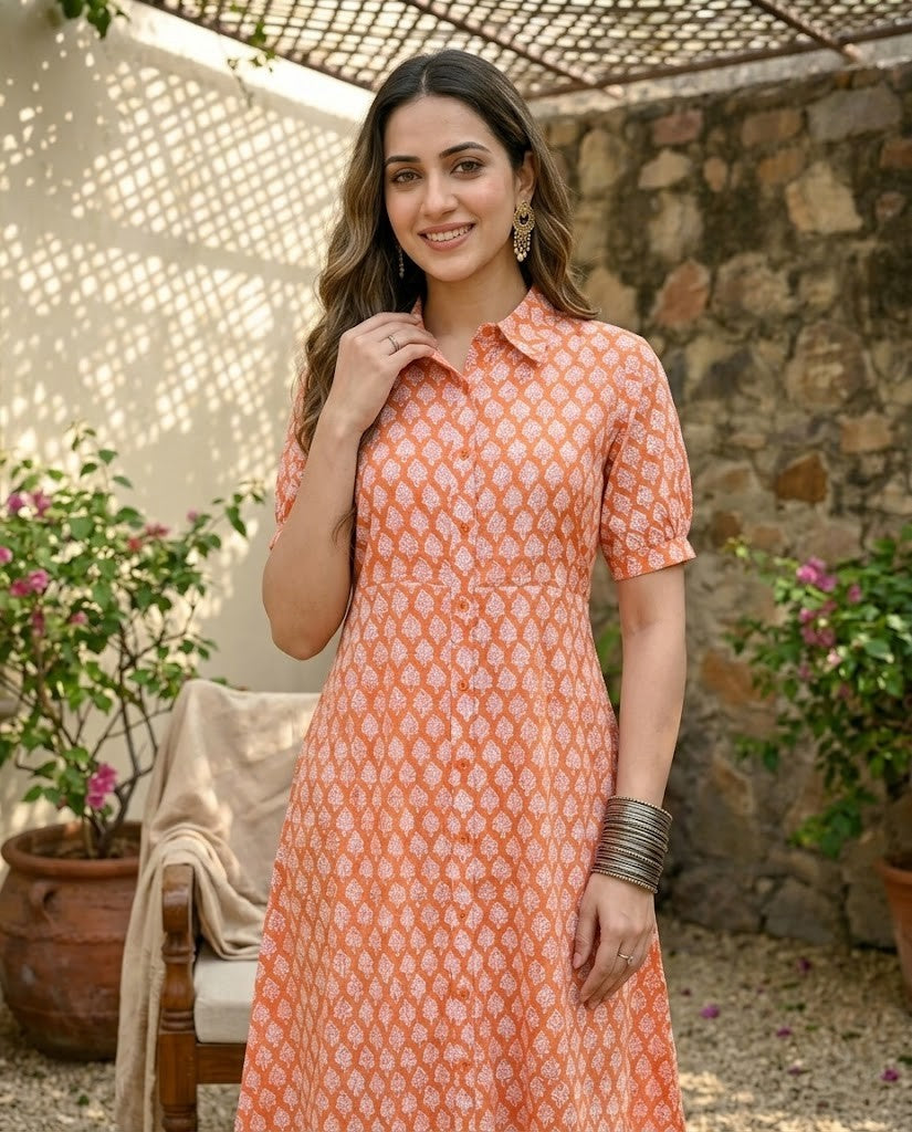 ORANGE COLLAR BELT DRESS (HANDBLOCK)