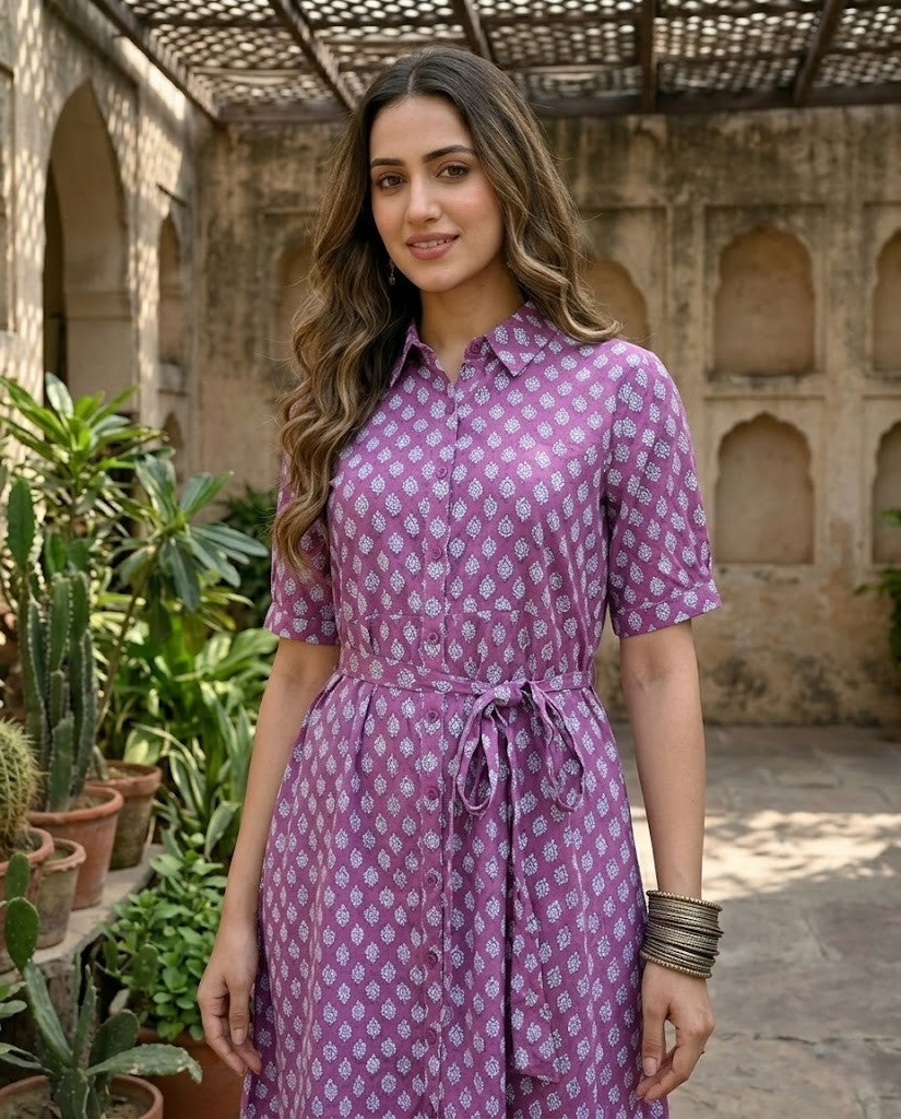 PURPLE COLLAR BELT DRESS (HANDBLOCK)
