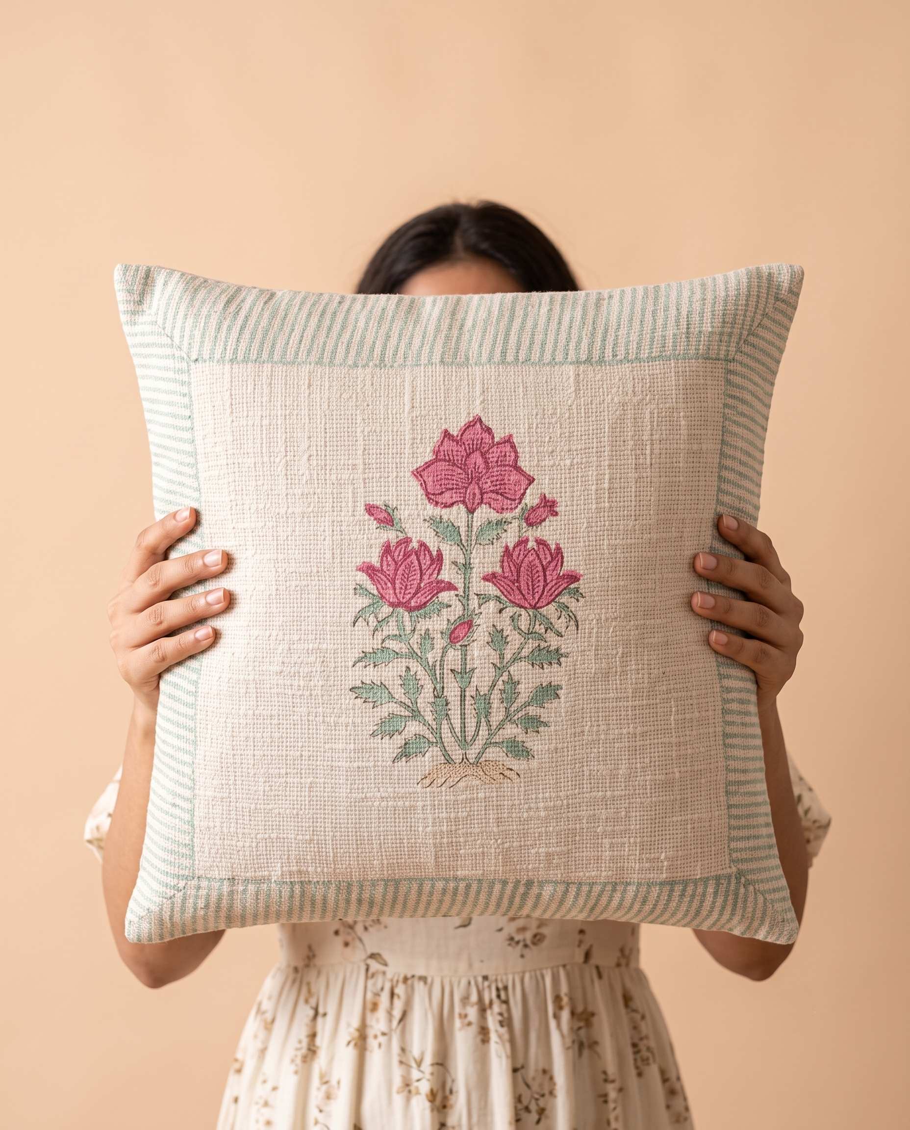 Gulbahar Trio Handblock Jute Cushion Cover