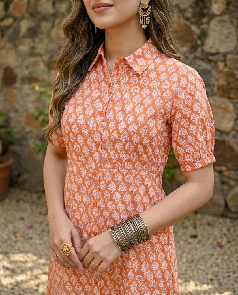ORANGE COLLAR BELT DRESS (HANDBLOCK)