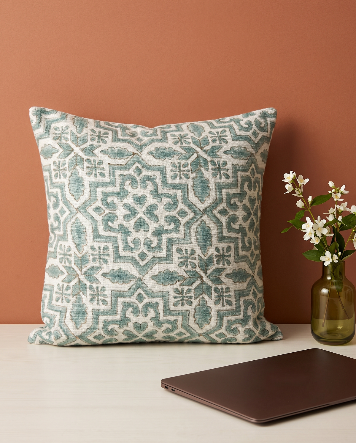 Noor Mahal Azure Handblock Jute Cushion Cover