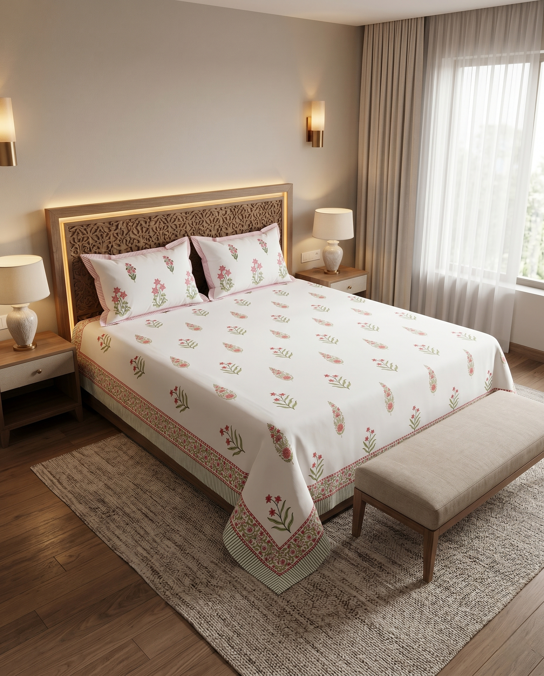 Butta Motif Sage & Coral Premium Cotton Bedsheet