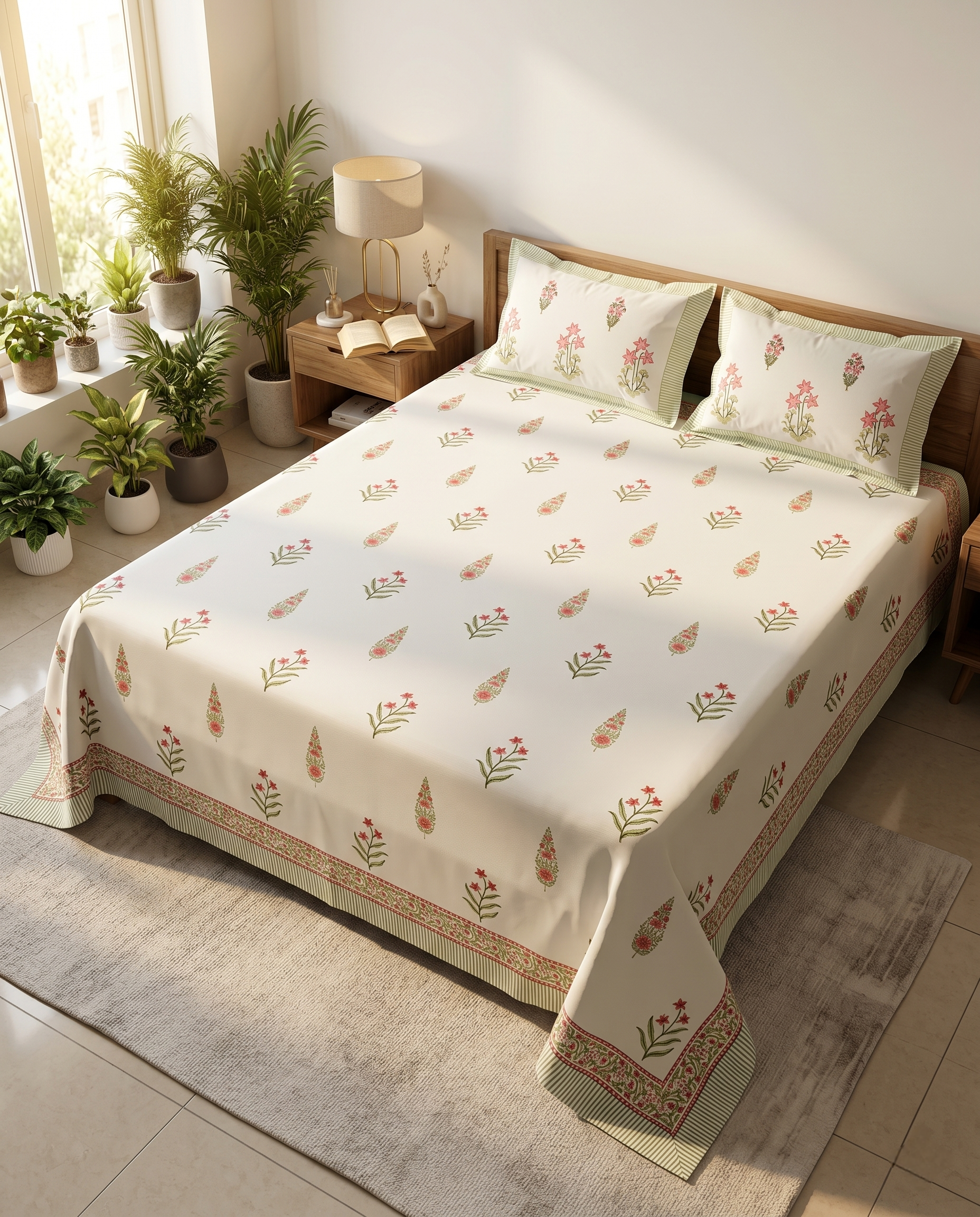 Butta Motif Sage & Coral Premium Cotton Bedsheet