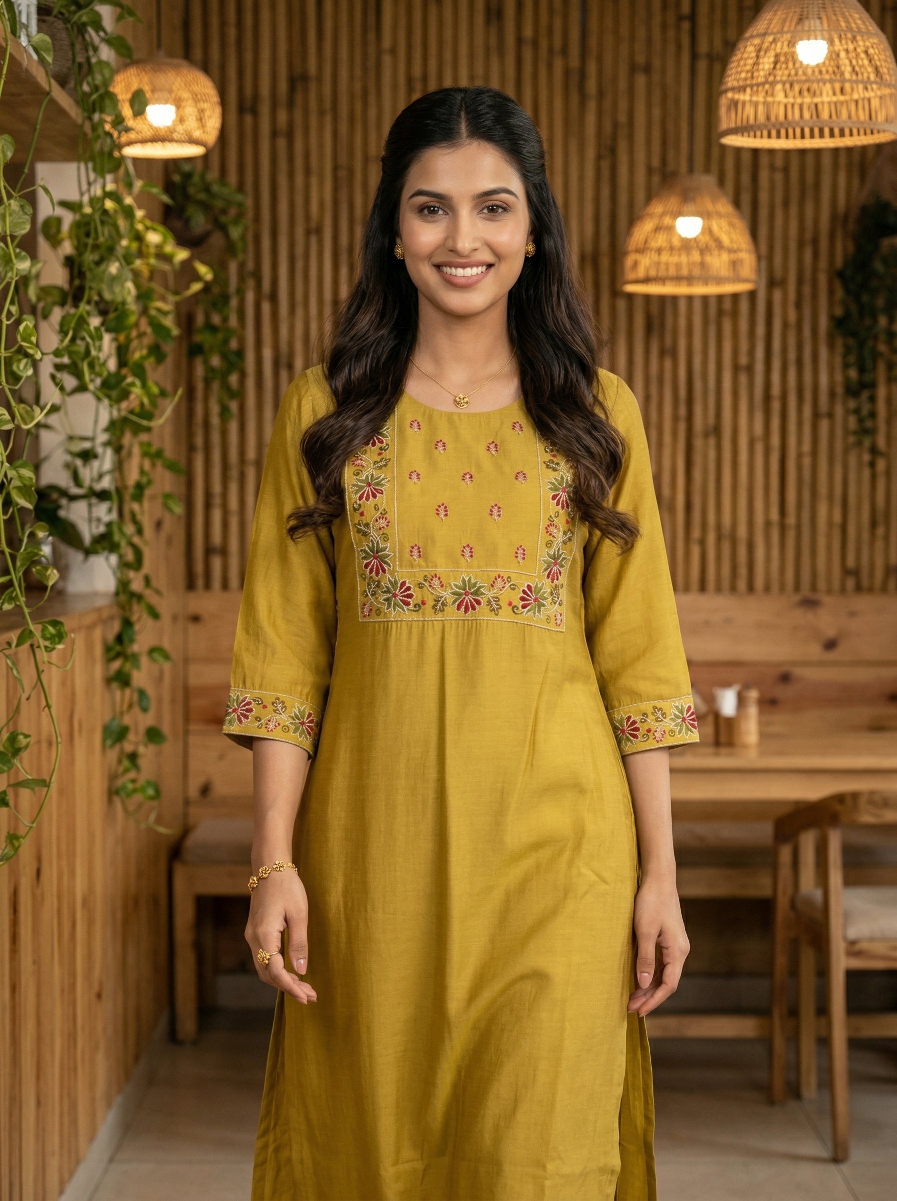 MUSTARD FLORAL TOUCH ETHNIC COTTON KURTA PANT SET