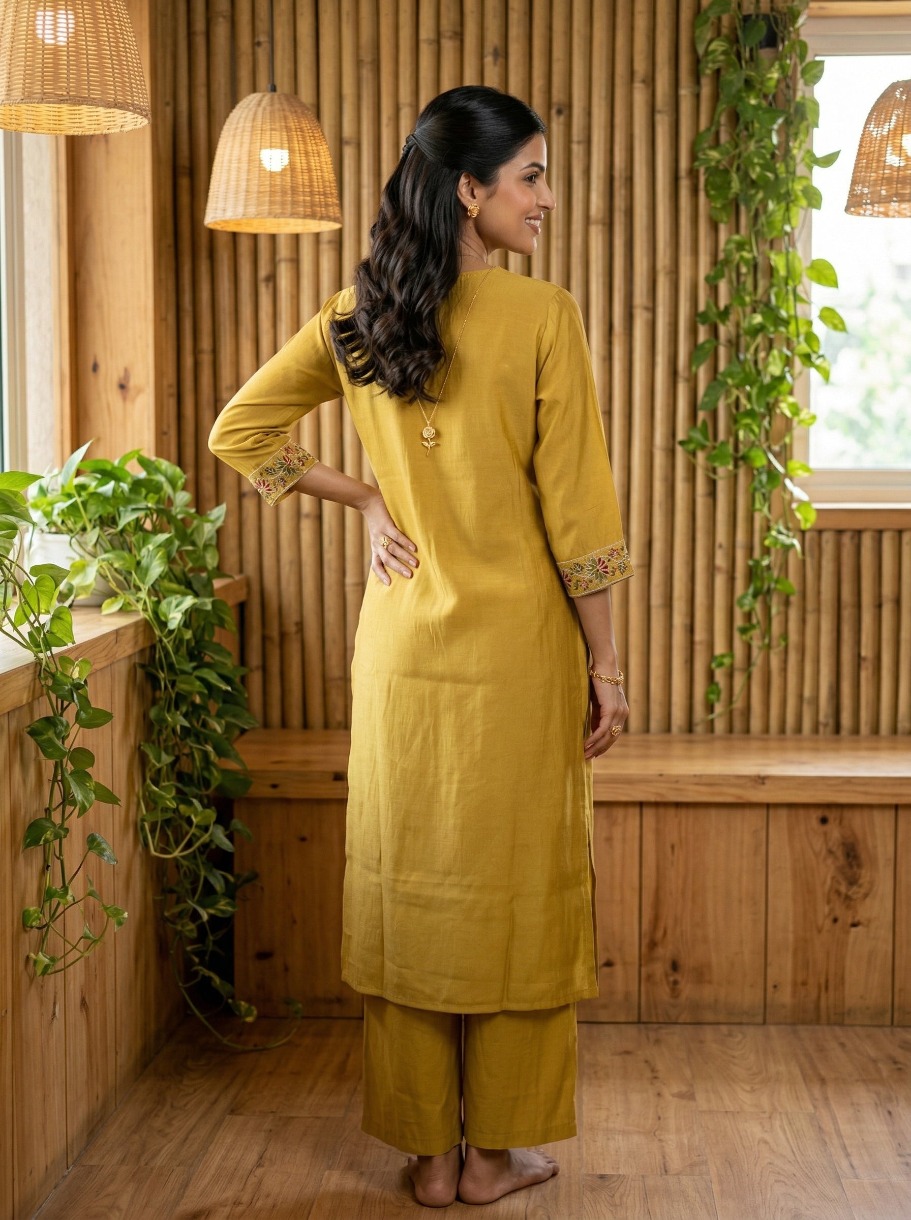MUSTARD FLORAL TOUCH ETHNIC COTTON KURTA PANT SET