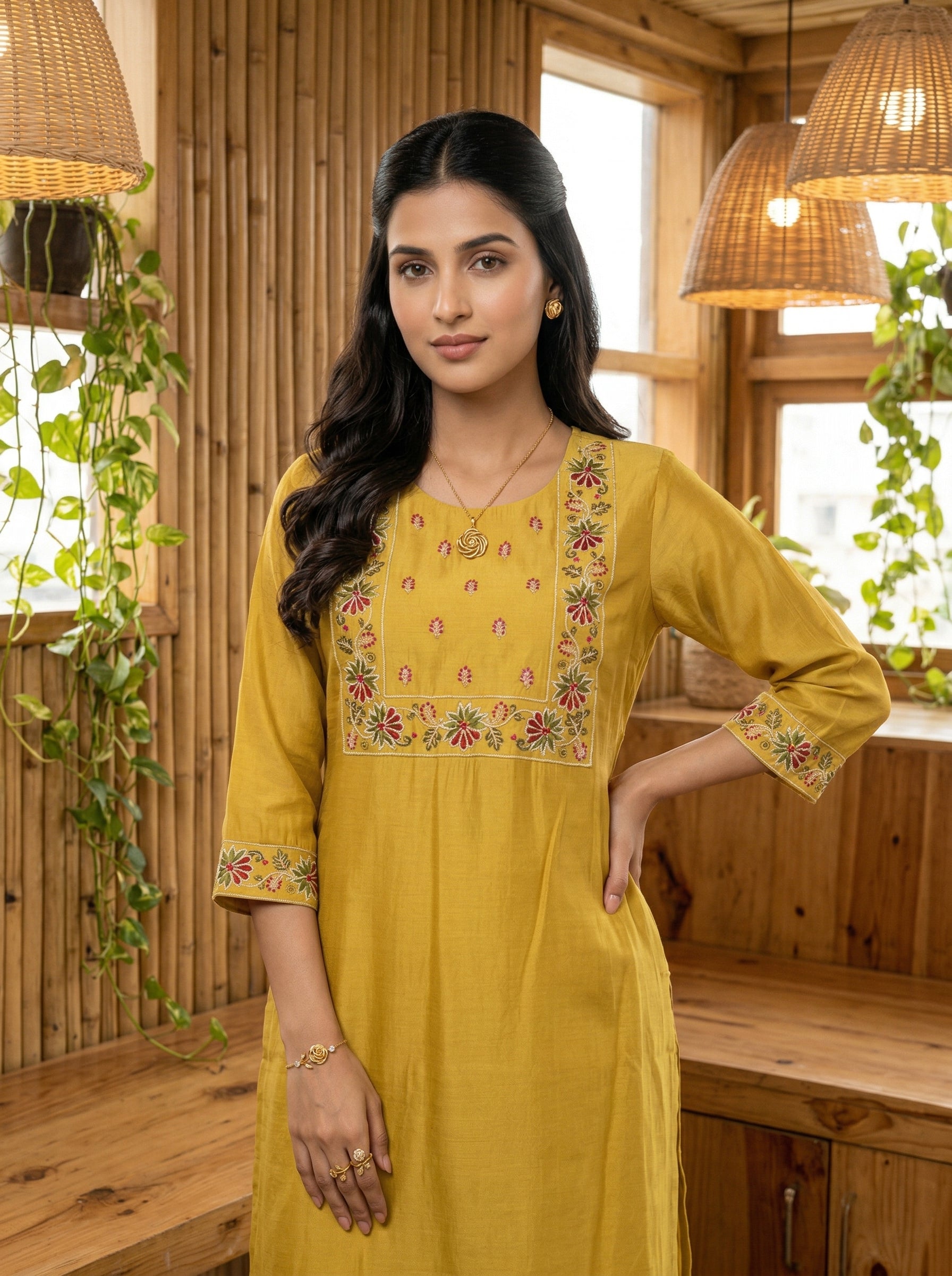 MUSTARD FLORAL TOUCH ETHNIC COTTON KURTA PANT SET
