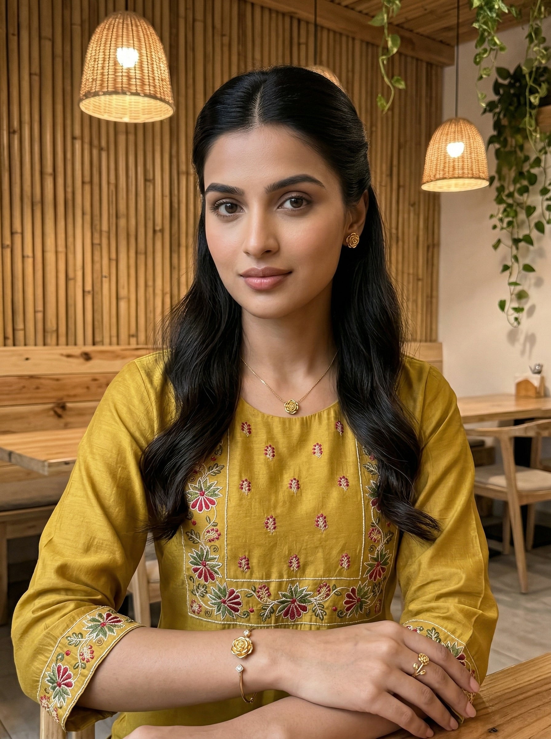 MUSTARD FLORAL TOUCH ETHNIC COTTON KURTA PANT SET
