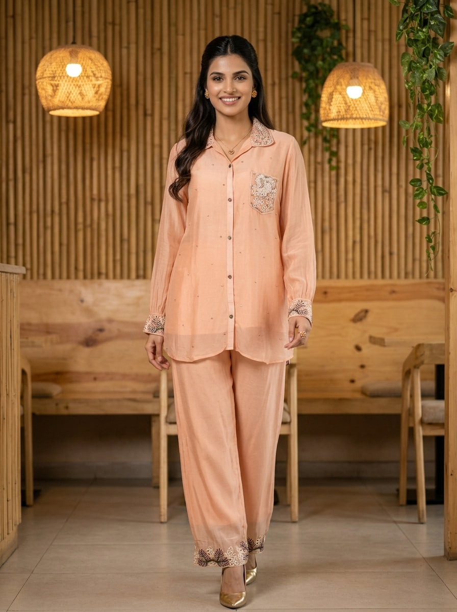 JBK LUXE CHINON CHIFFON PEACH CORD SET