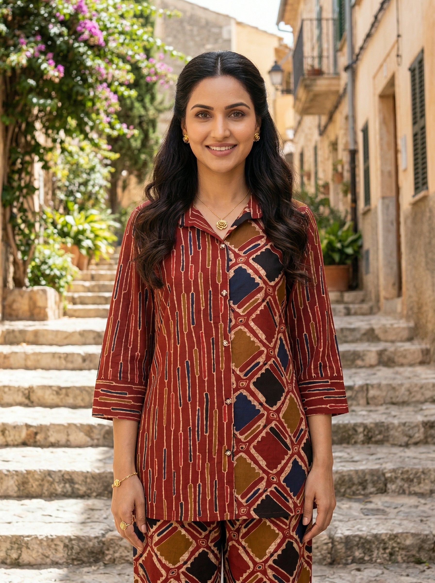 AJRAKH CHARM BRICK RED  COTTON CORDSET