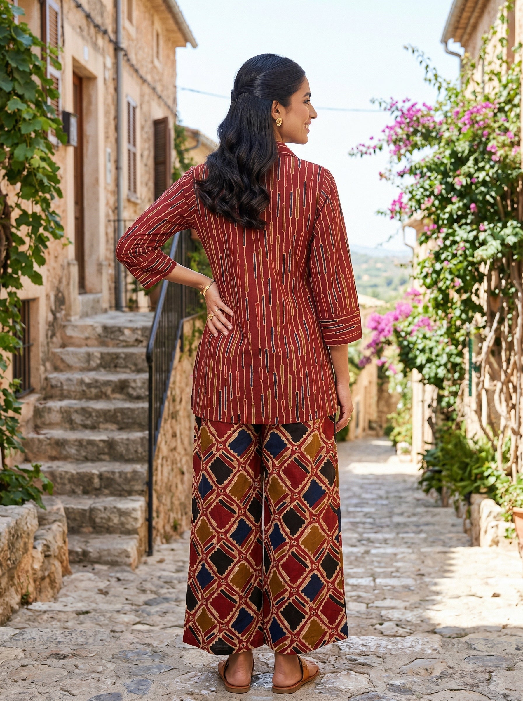 AJRAKH CHARM BRICK RED  COTTON CORDSET