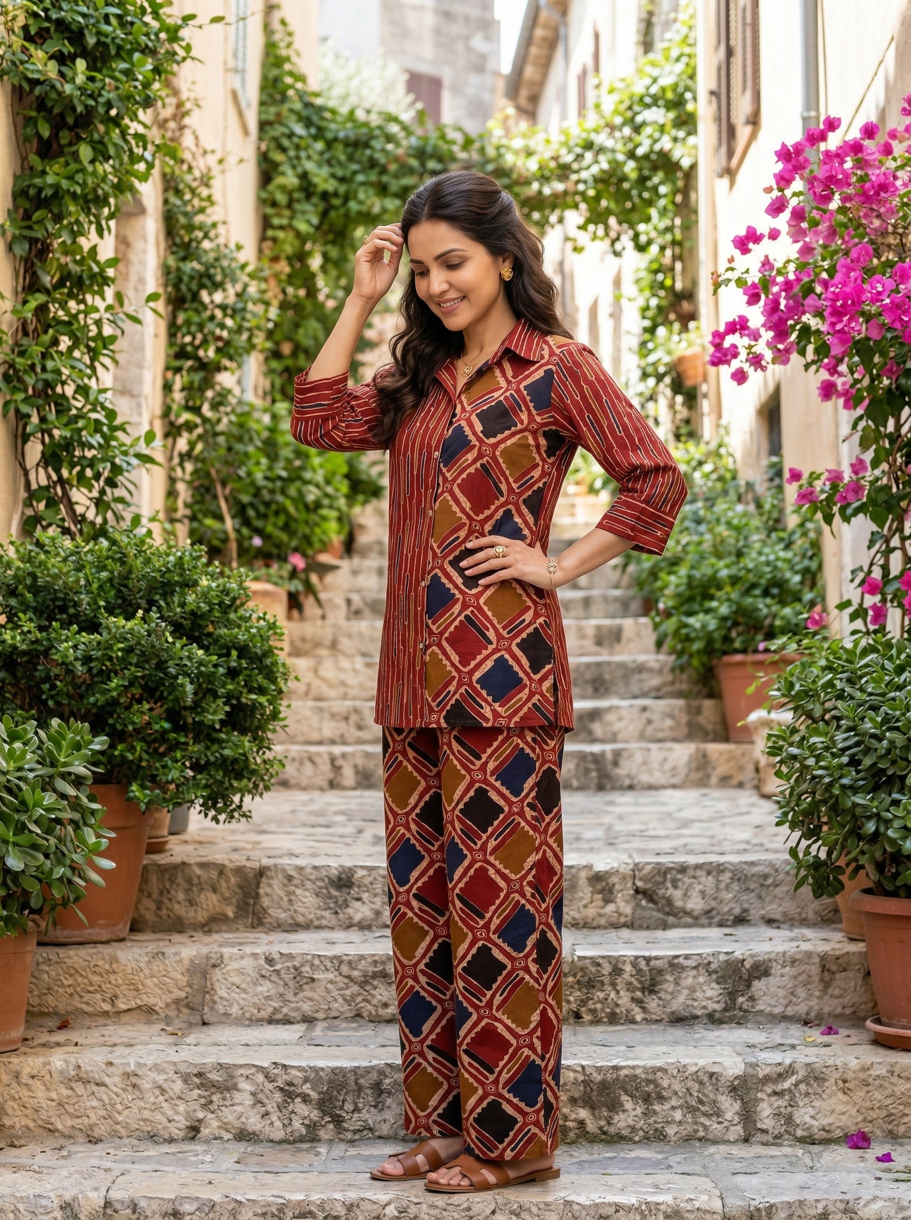 AJRAKH CHARM BRICK RED  COTTON CORDSET