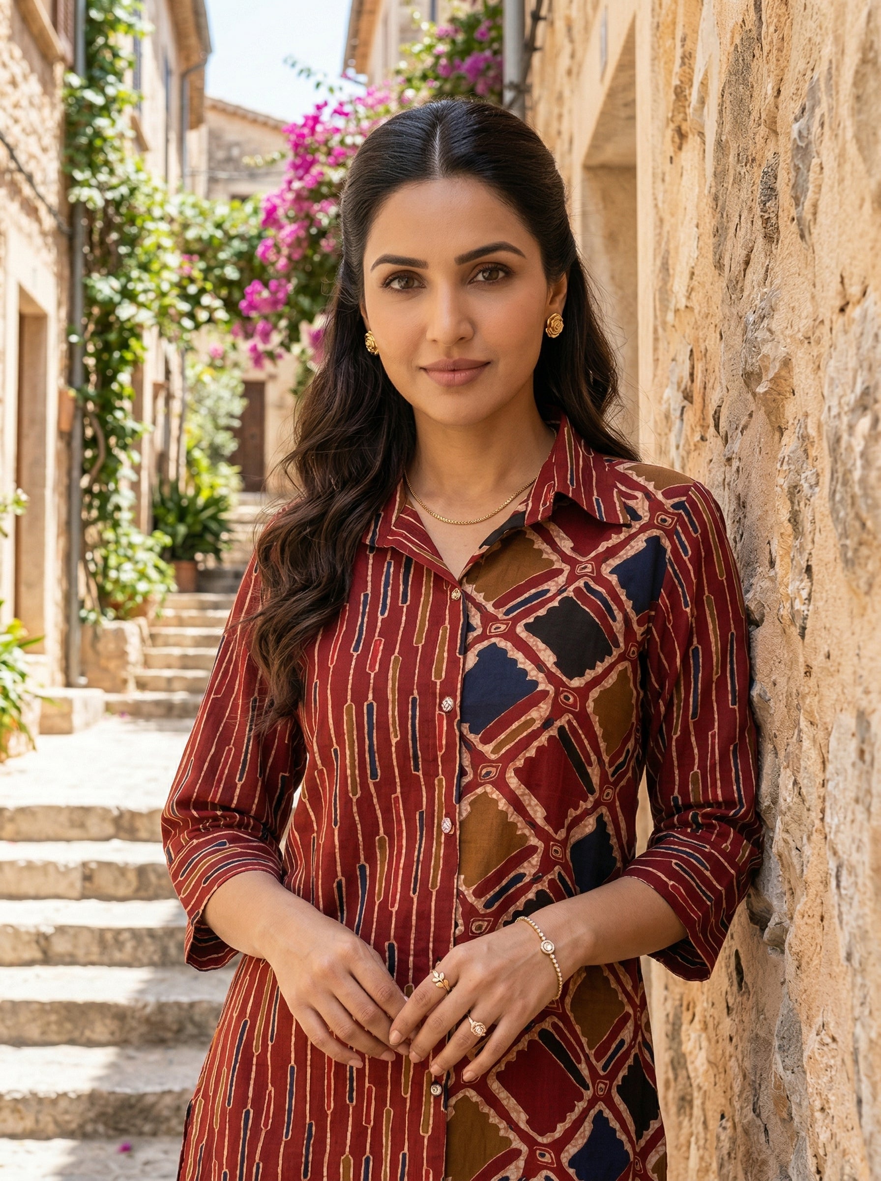 AJRAKH CHARM BRICK RED  COTTON CORDSET