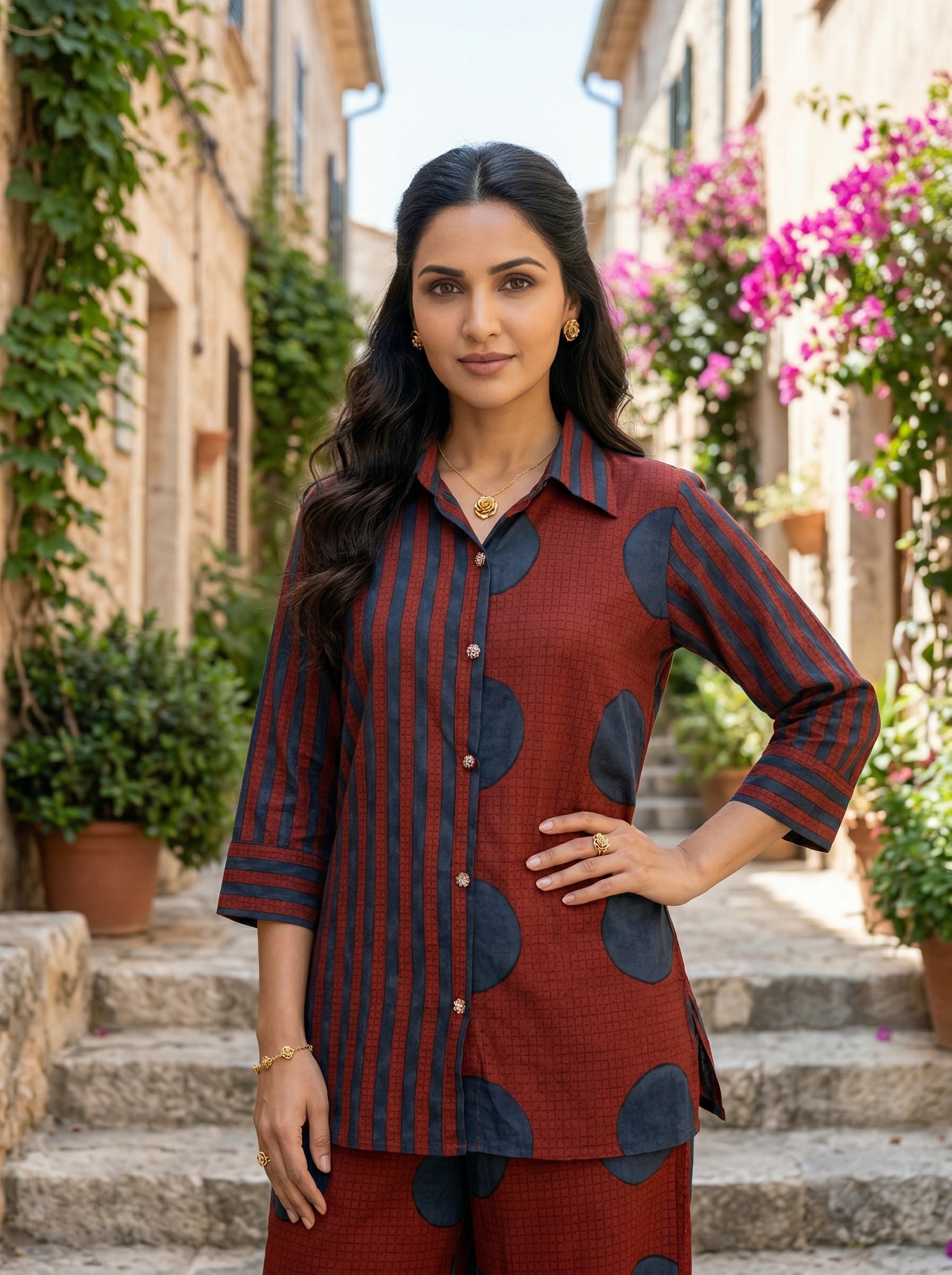 AJRAKH CHARM RED  + INDIGO BLUE COTTON CORDSET
