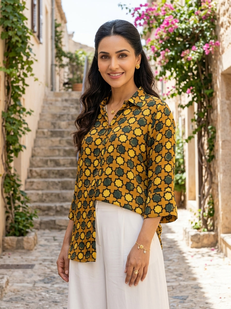 Yellow Green Modal Silk Ajrakh Silk Stories Shirt