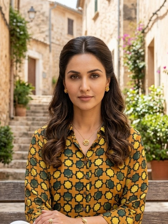 Yellow Green Modal Silk Ajrakh Silk Stories Shirt
