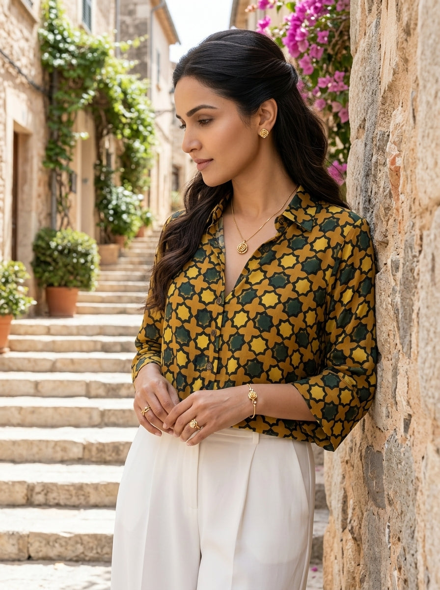 Yellow Green Modal Silk Ajrakh Silk Stories Shirt