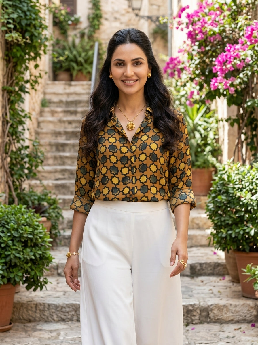 Yellow Green Modal Silk Ajrakh Silk Stories Shirt