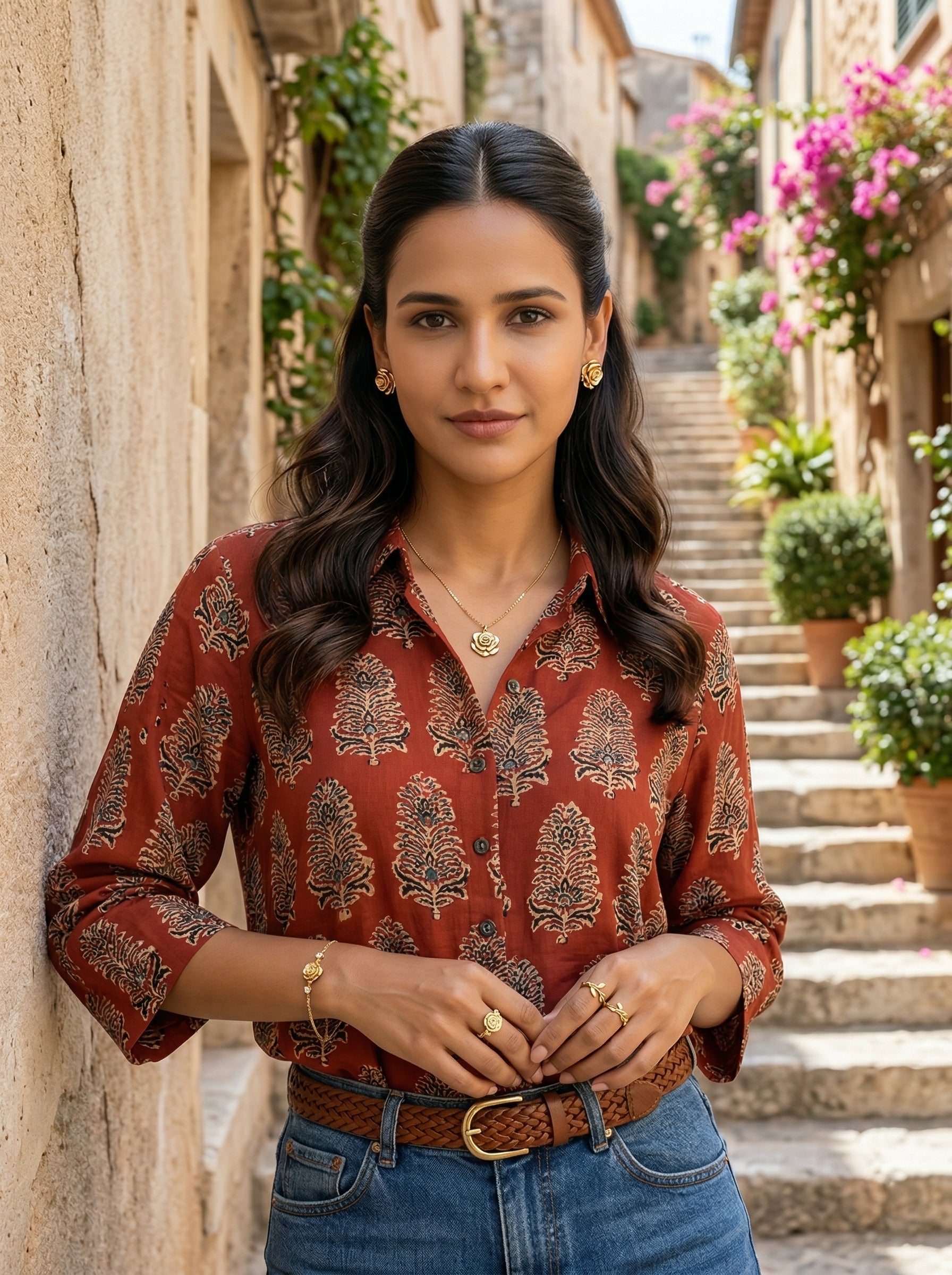 Red Modal Silk Ajrakh Silk Stories Shirt