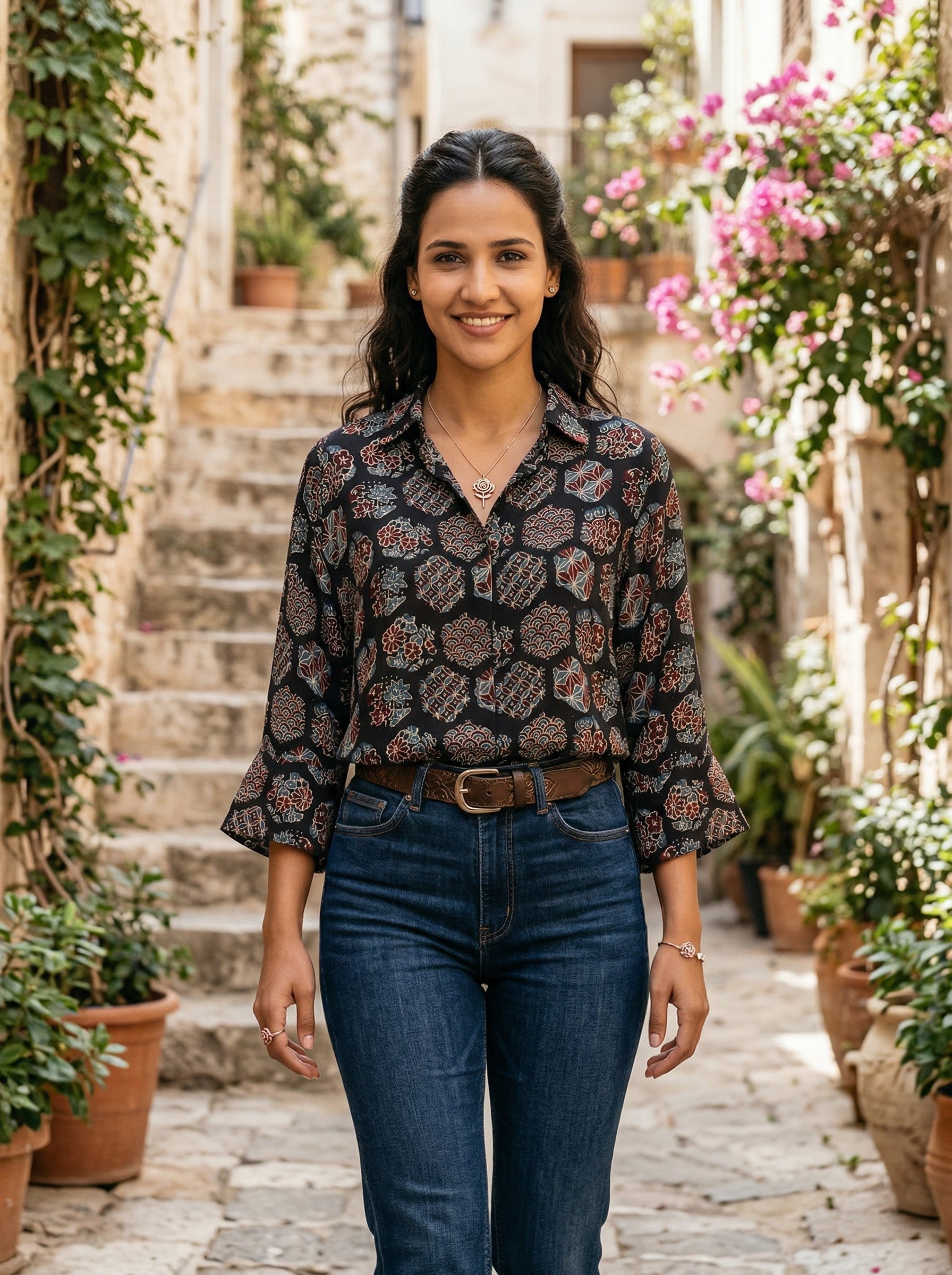 Black Modal Silk Ajrakh Silk Stories Shirt