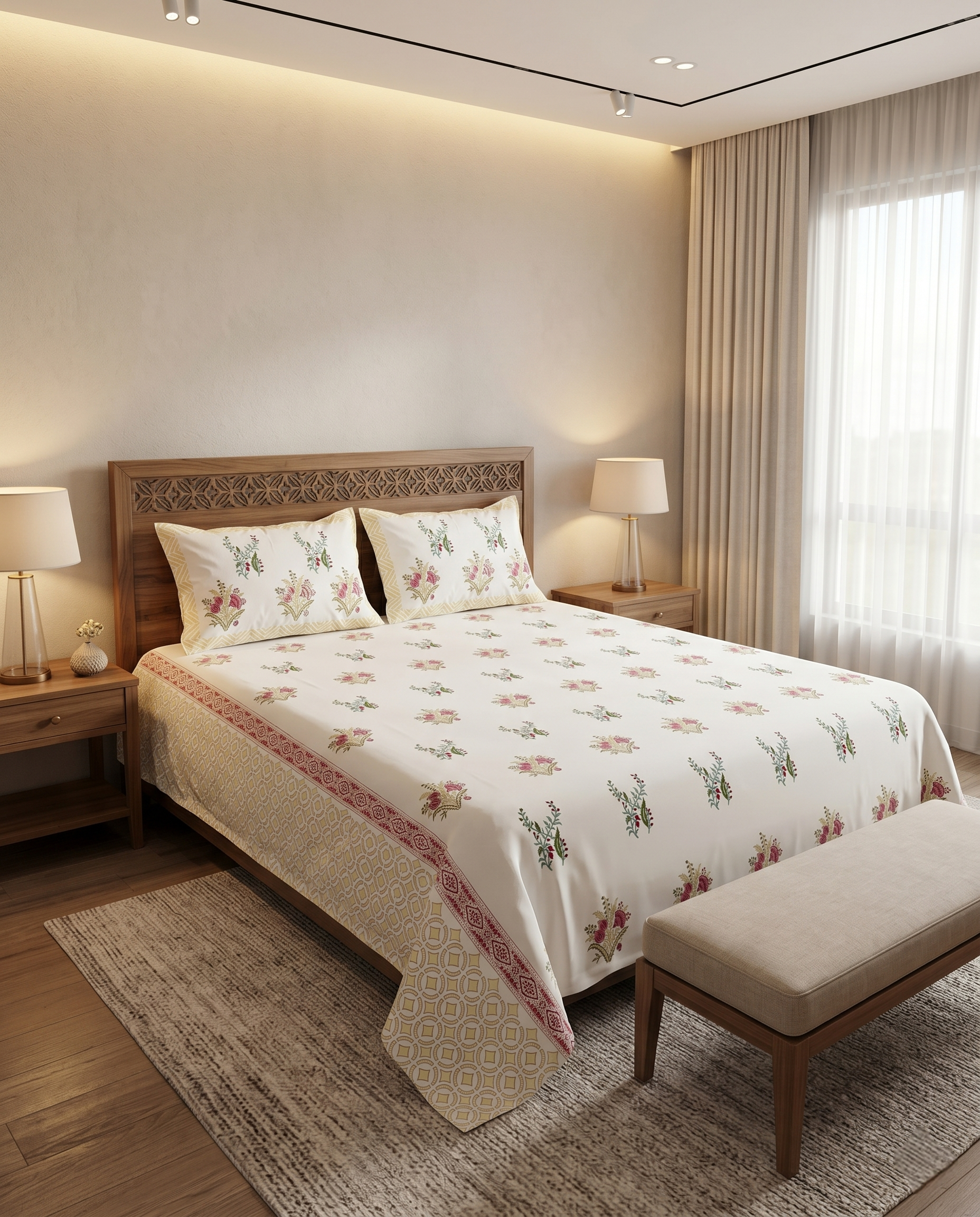 Rose Meadow Pearl Blush Beige Premium Cotton Bedsheet