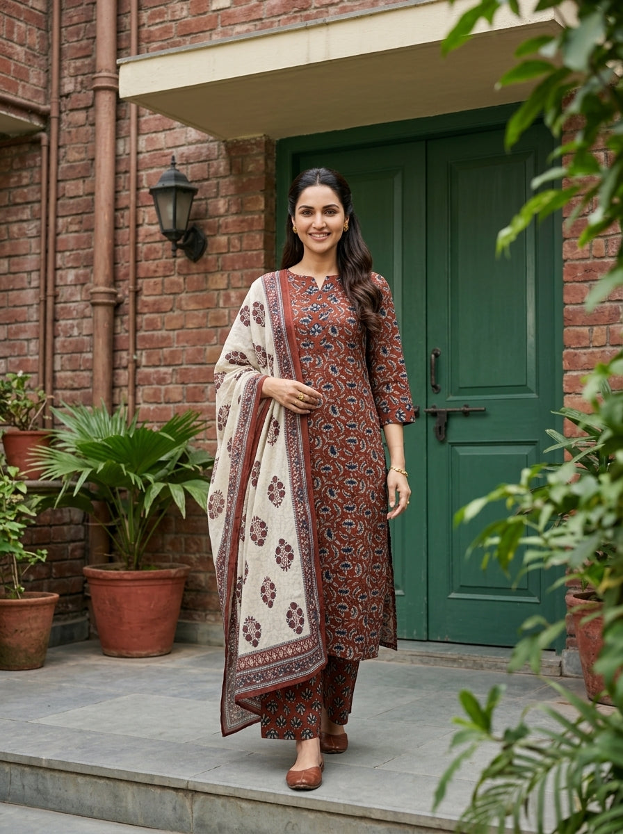 KALAMKARI FLORAL BRICK RED COTTON KPD SET