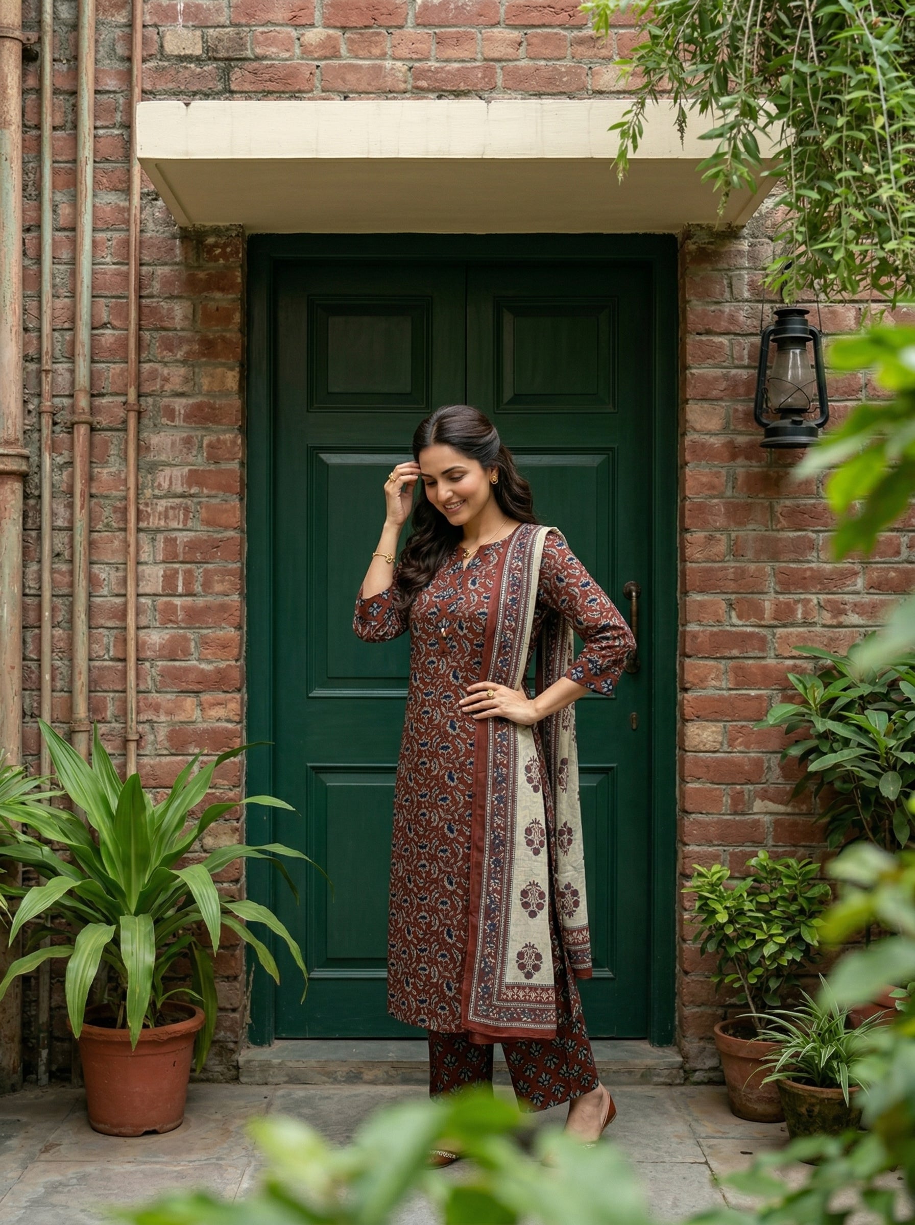 KALAMKARI FLORAL BRICK RED COTTON KPD SET