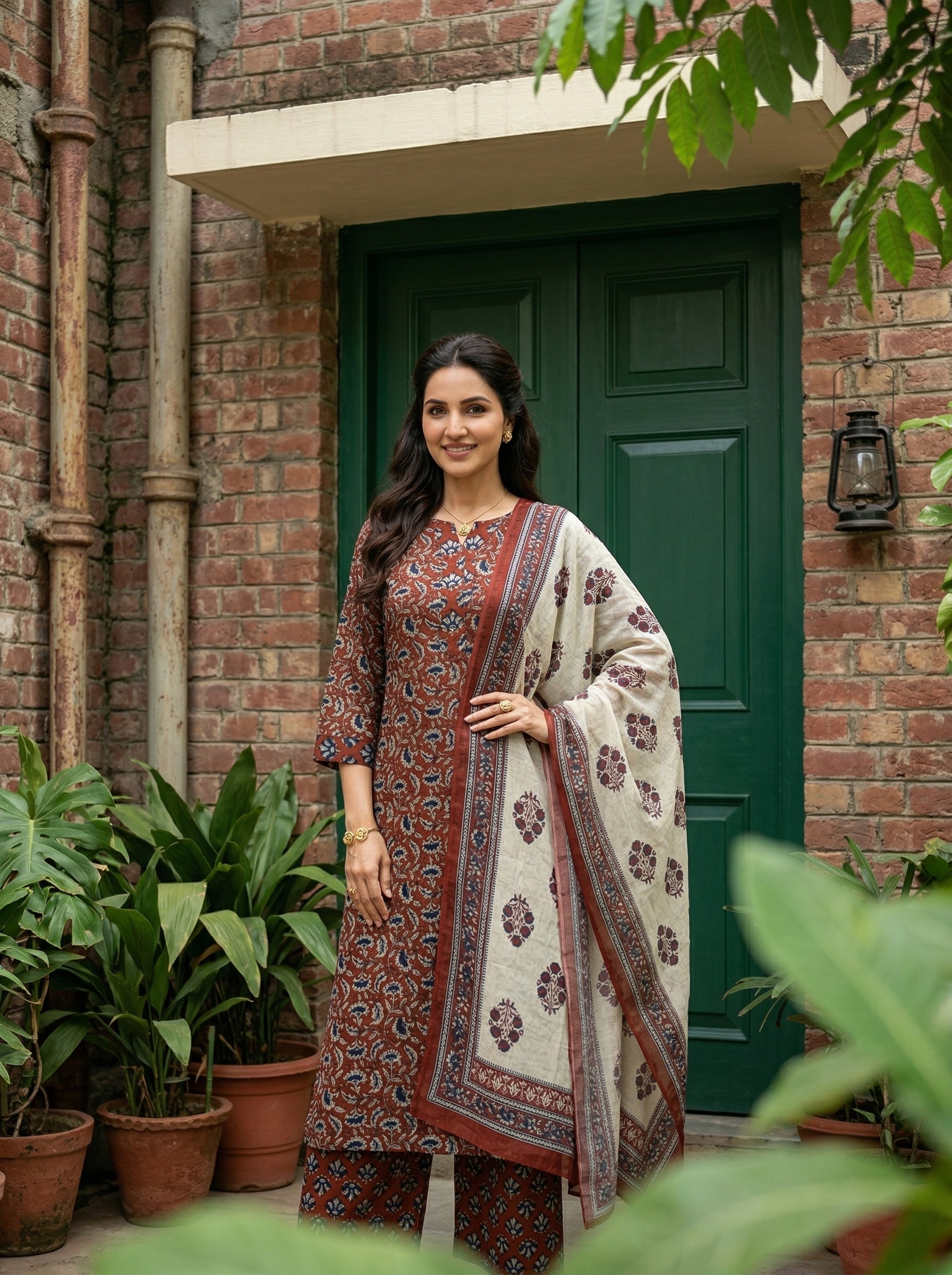 KALAMKARI FLORAL BRICK RED COTTON KPD SET