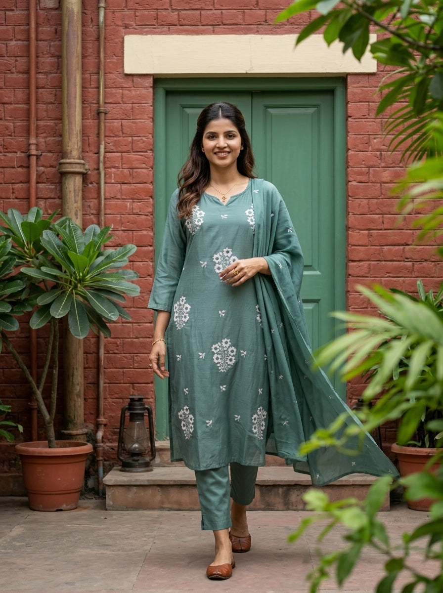 FLORAL APPLIQUE SEA GREEN MUL MUSLIN KPD SET
