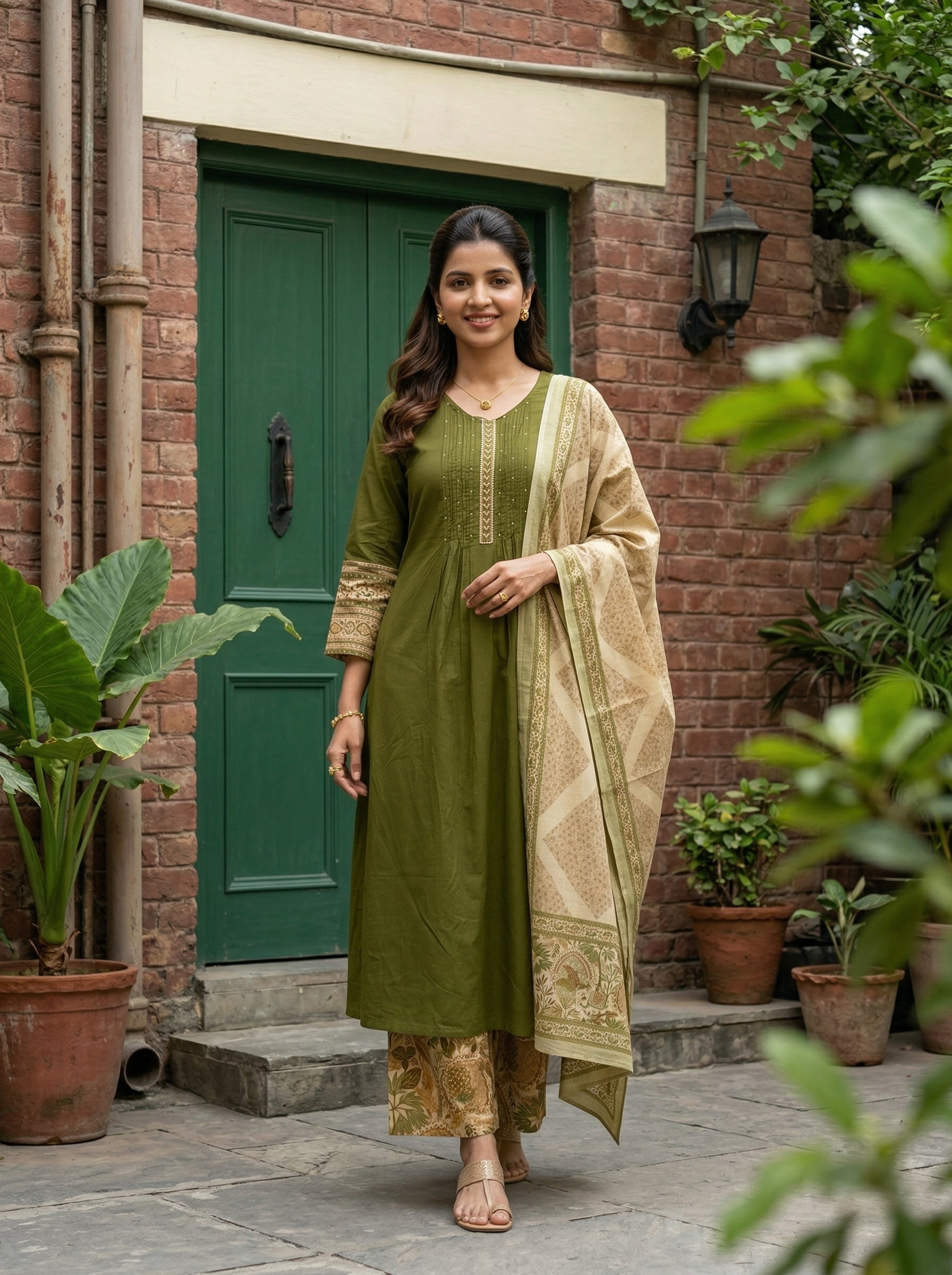HANDWORKED COTTON PINTUCK GREEN KPD SET