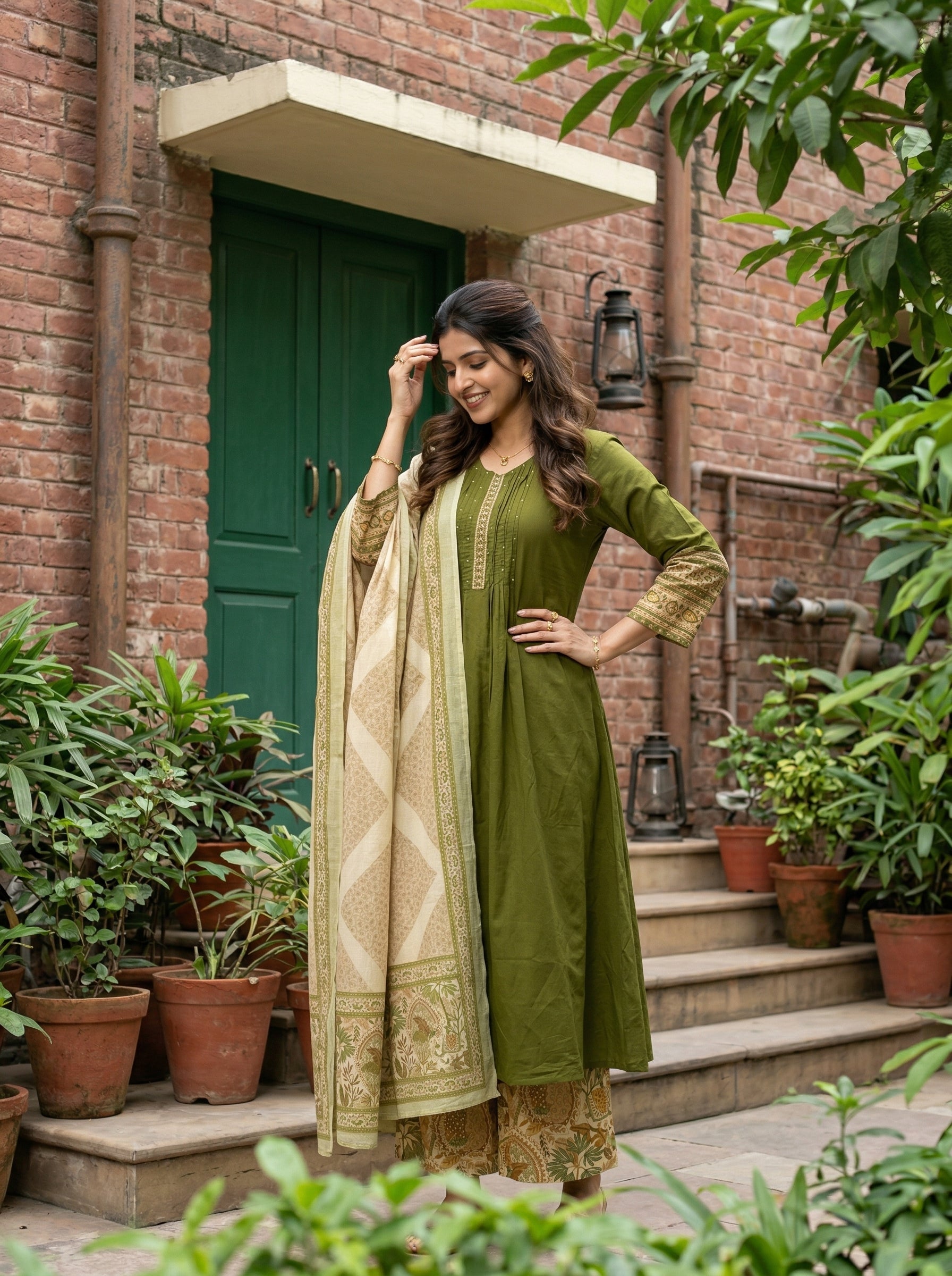 HANDWORKED COTTON PINTUCK GREEN KPD SET