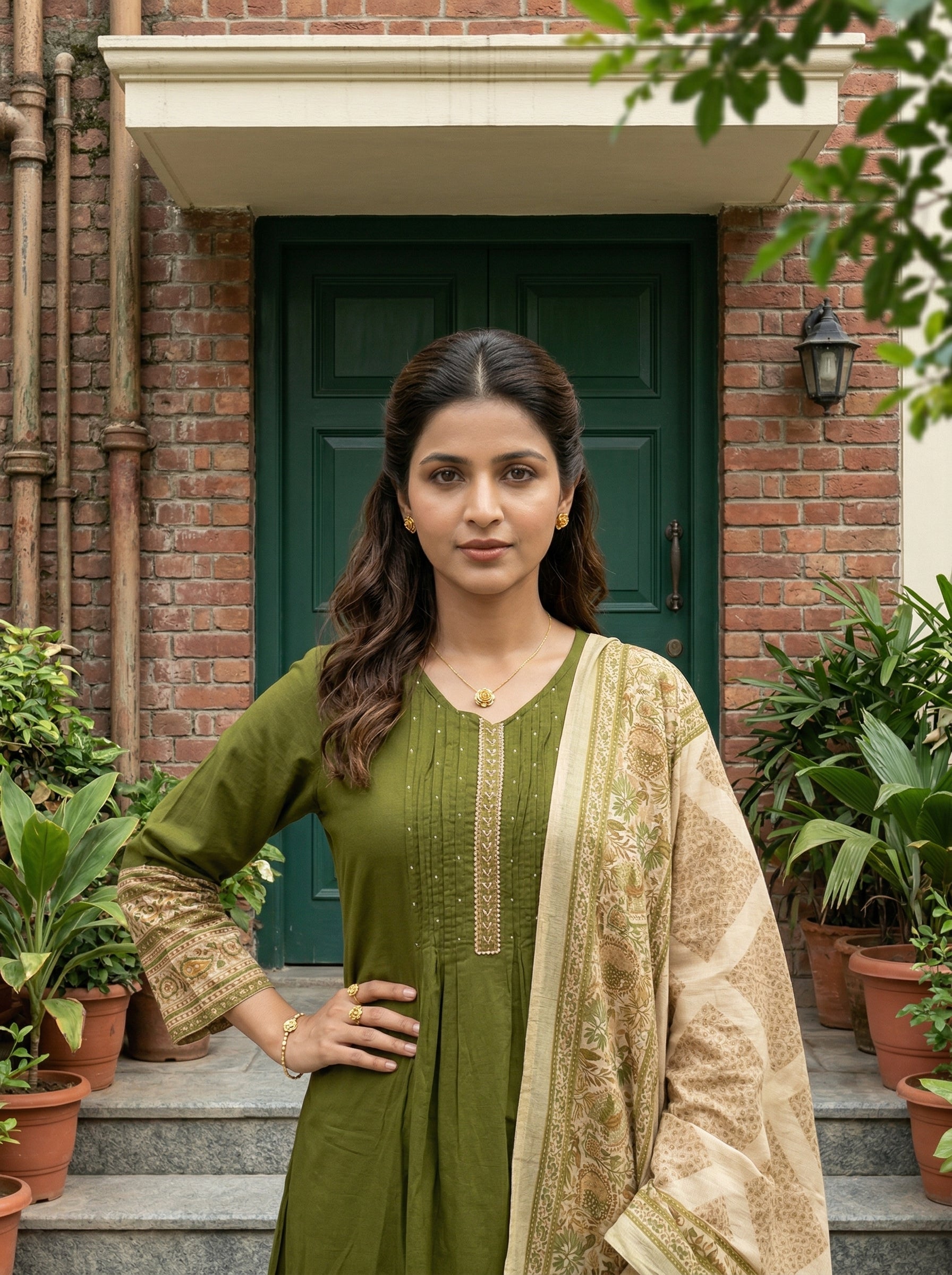 HANDWORKED COTTON PINTUCK GREEN KPD SET