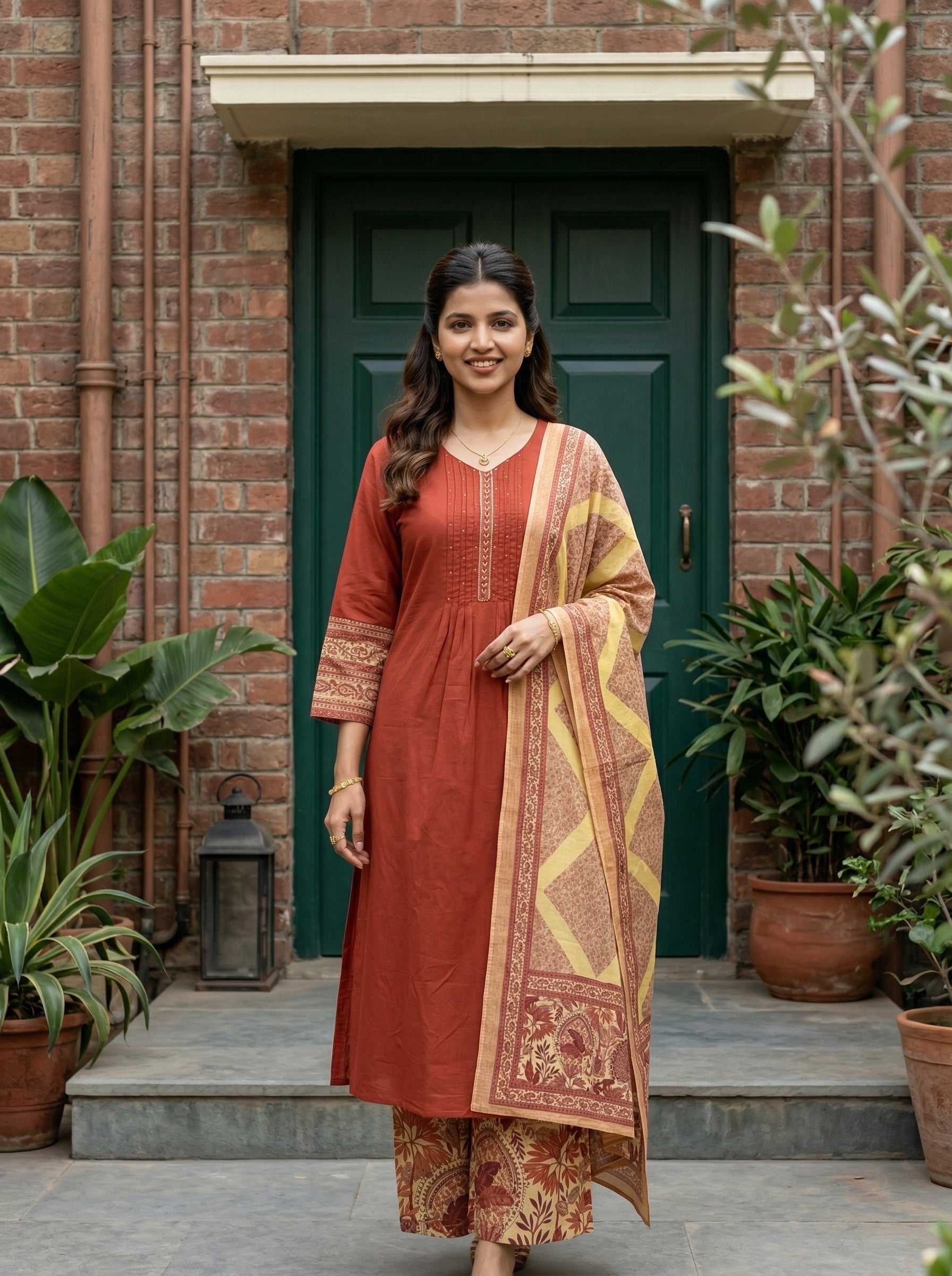 HANDWORKED COTTON PINTUCK RUST KPD SET
