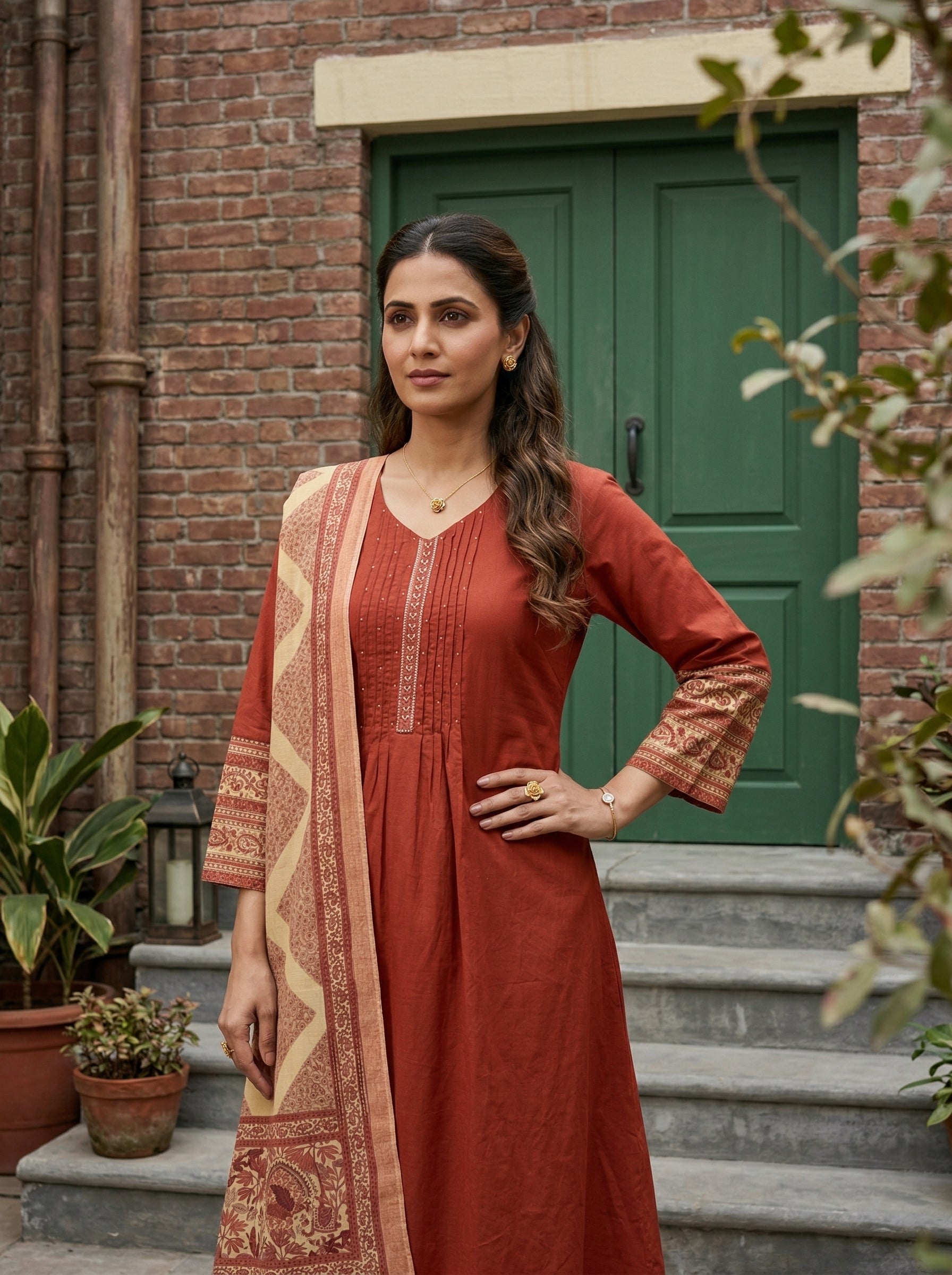 HANDWORKED COTTON PINTUCK RUST KPD SET