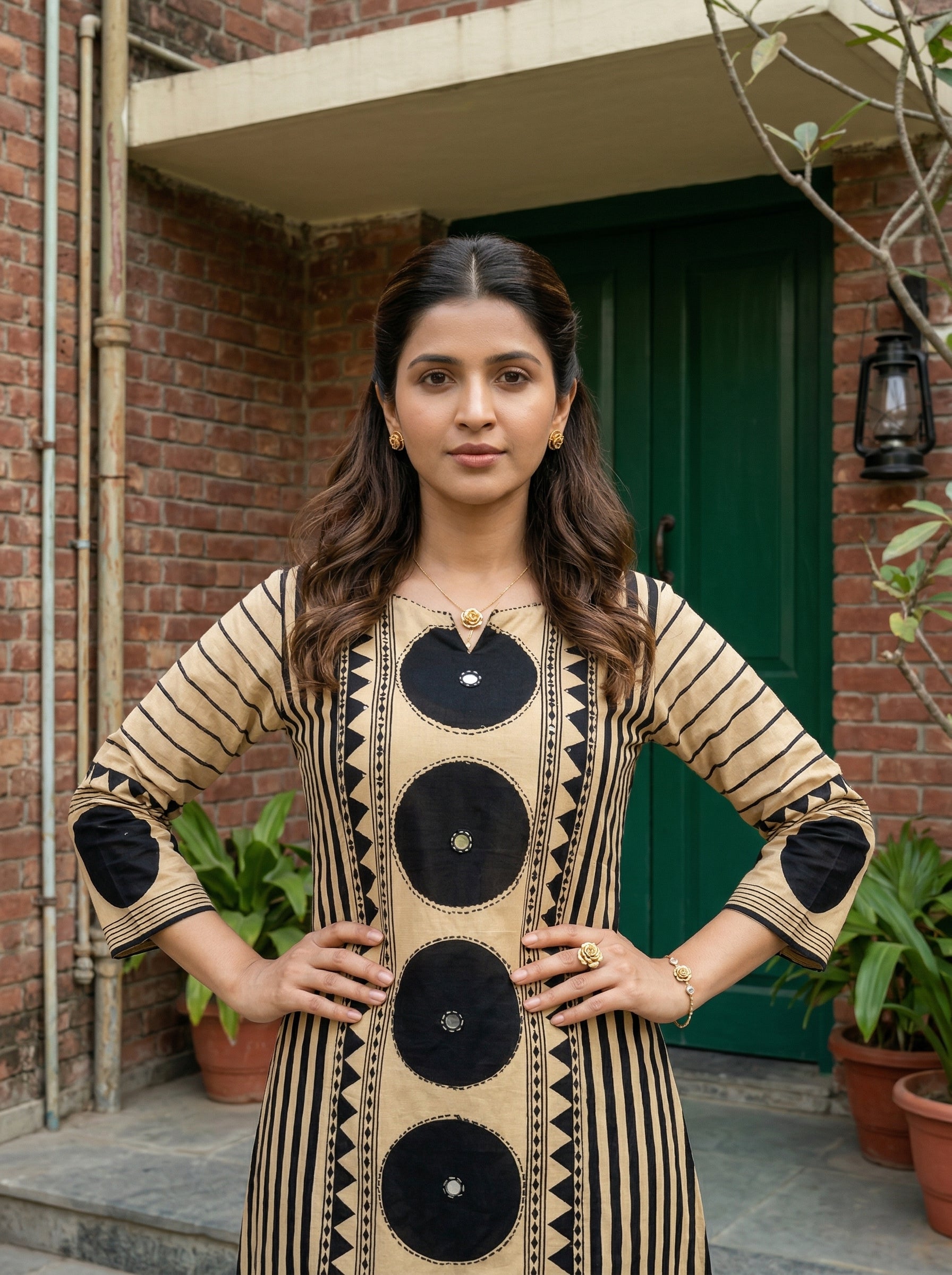 Off White and Black Cotton Daaira KPD Set