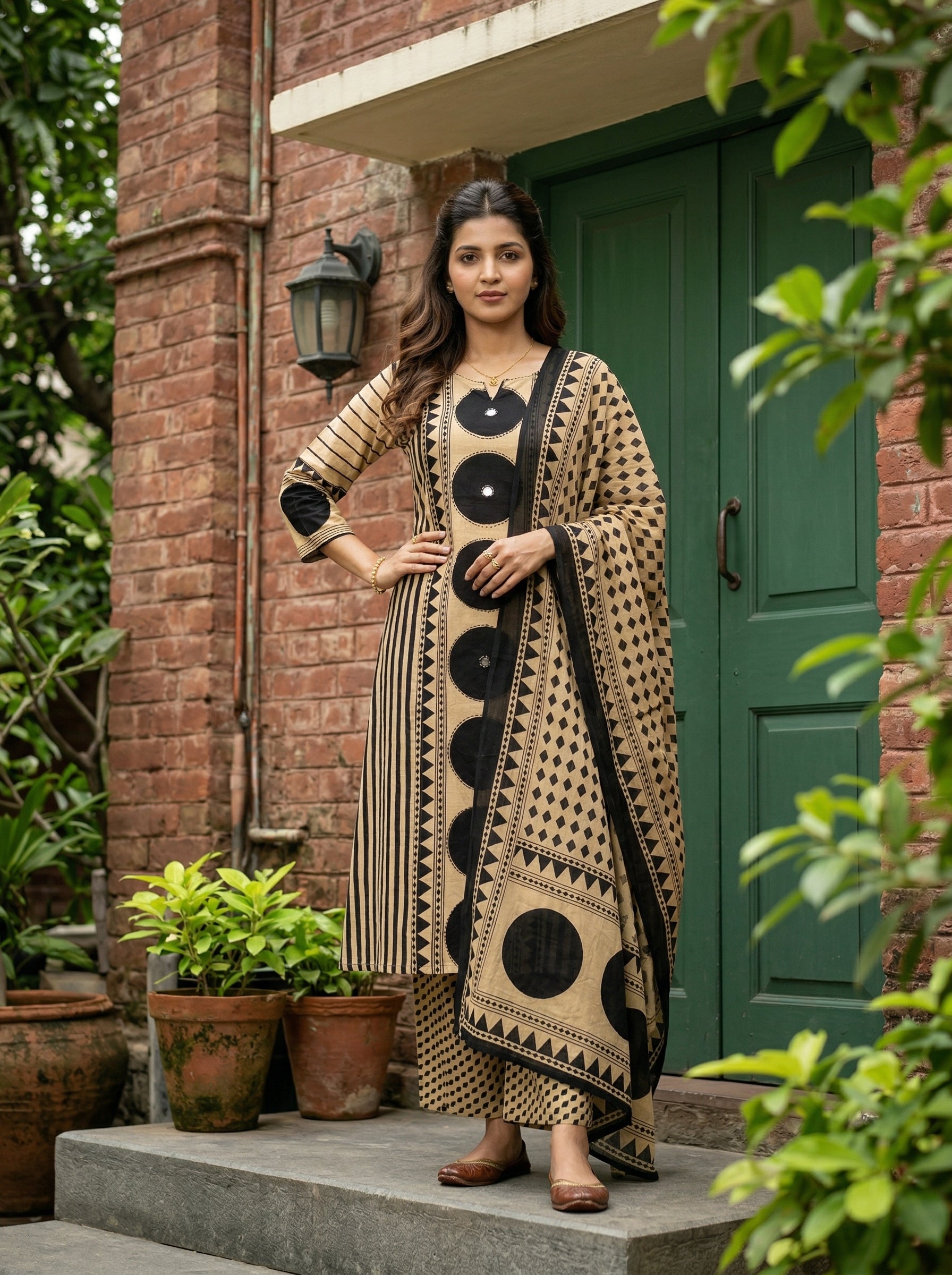 Off White and Black Cotton Daaira KPD Set