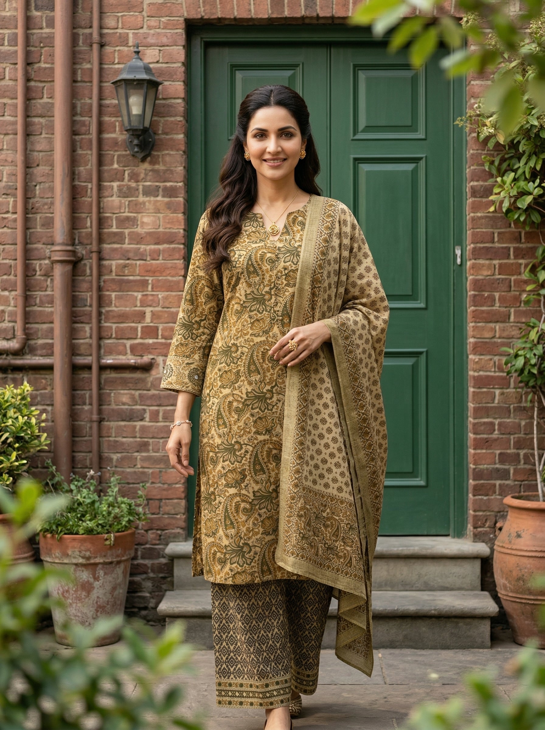 KALAMKARI COTTON BEIGE/GREEN 3PC KPD SET