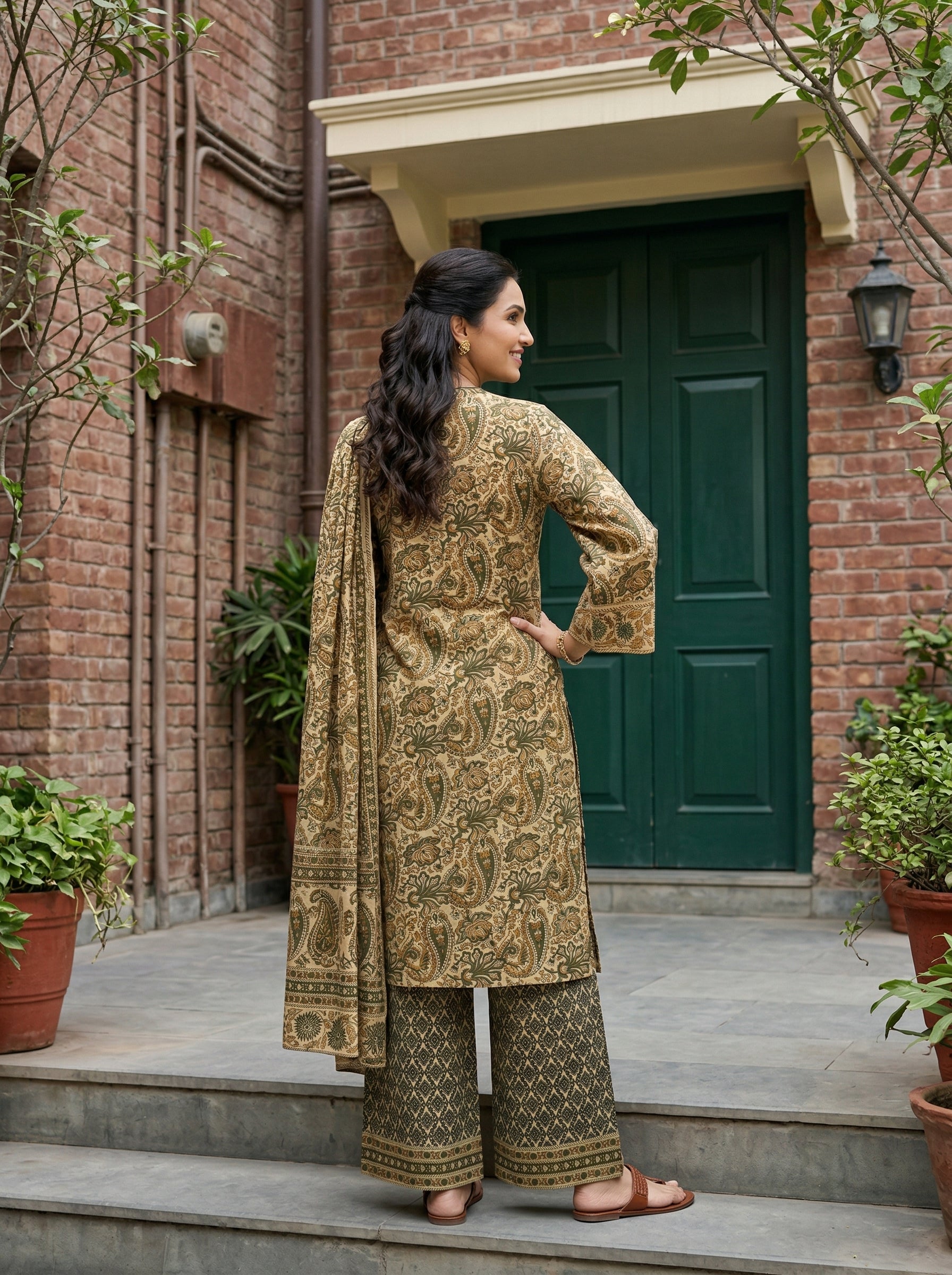 KALAMKARI COTTON BEIGE/GREEN 3PC KPD SET