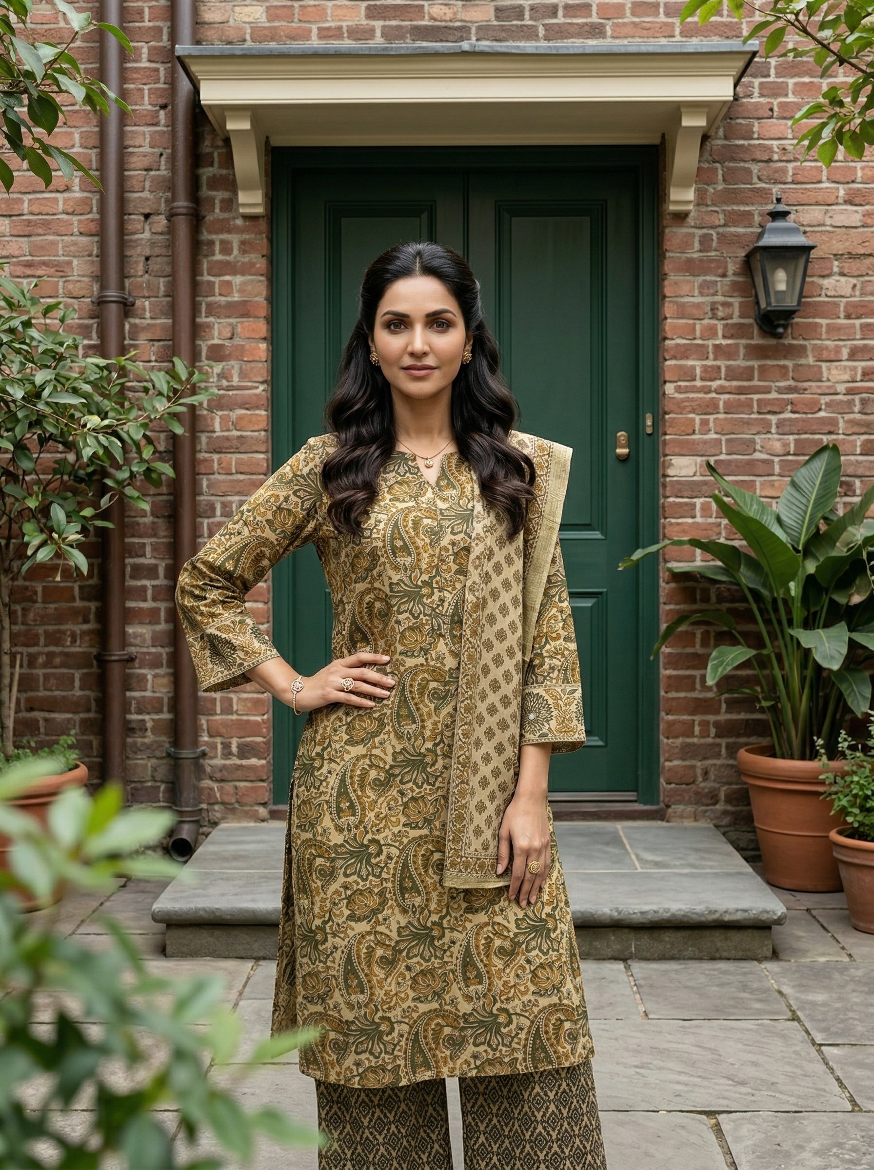 KALAMKARI COTTON BEIGE/GREEN 3PC KPD SET