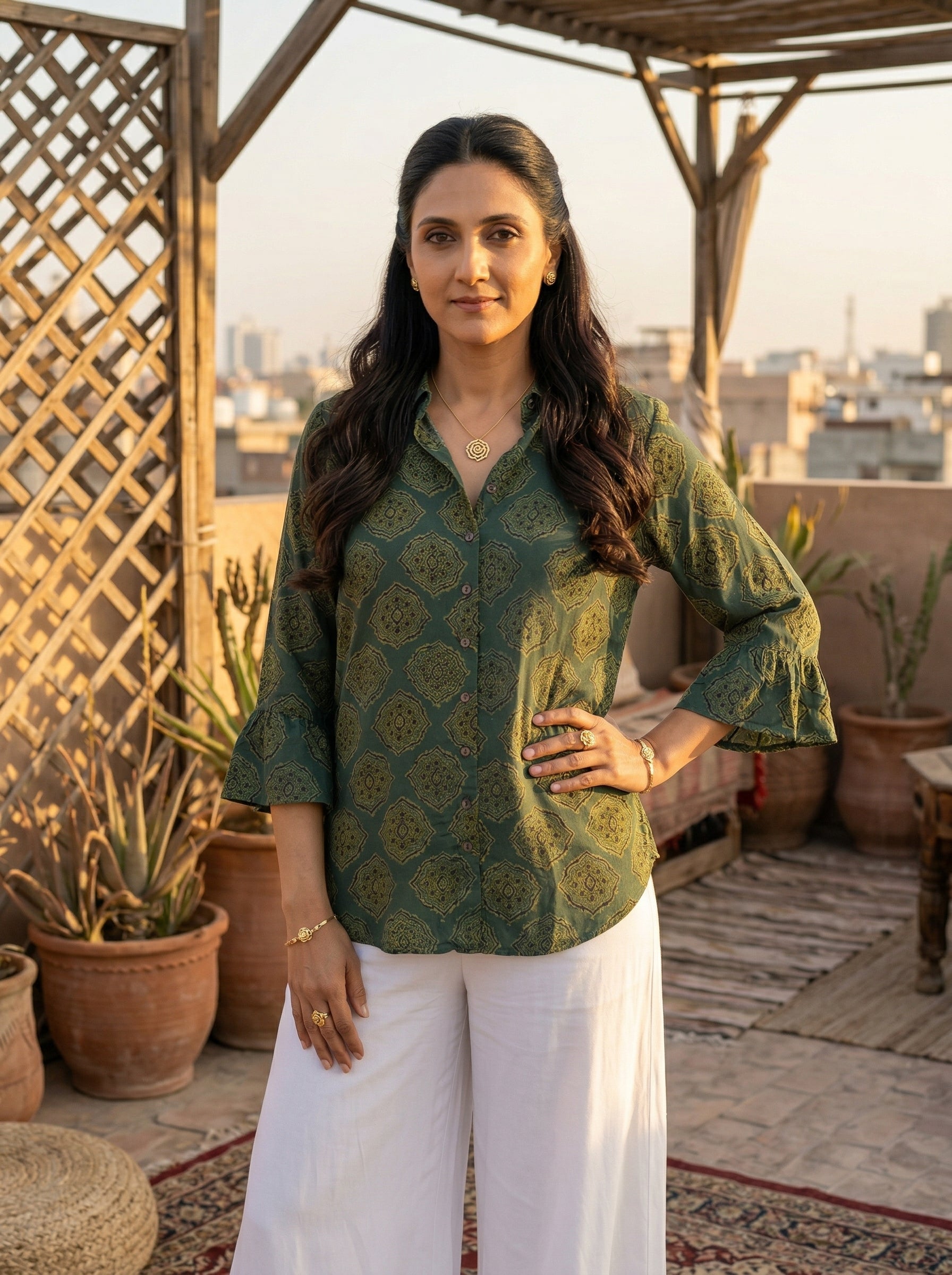 Green Modal Silk Ajrakh Silk Stories Shirt