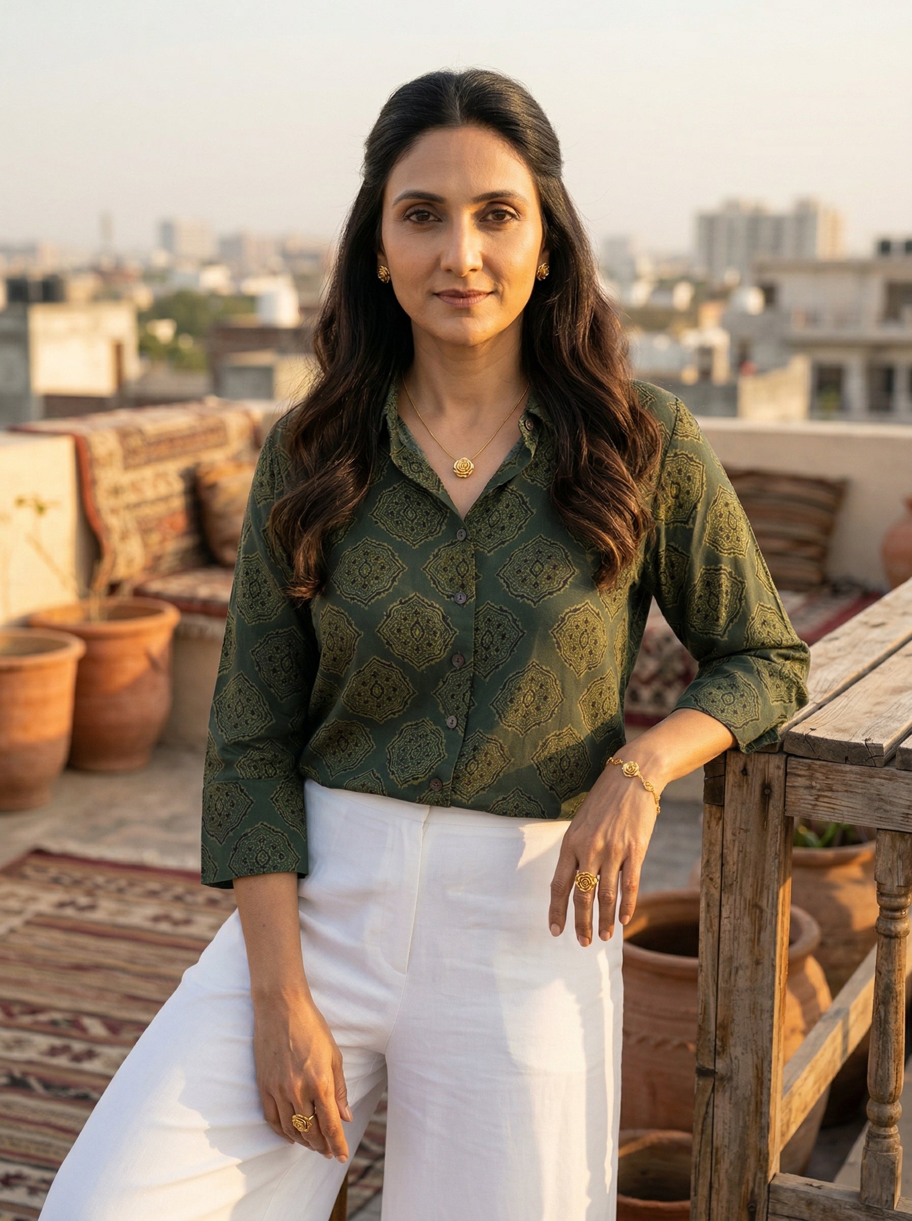 Green Modal Silk Ajrakh Silk Stories Shirt