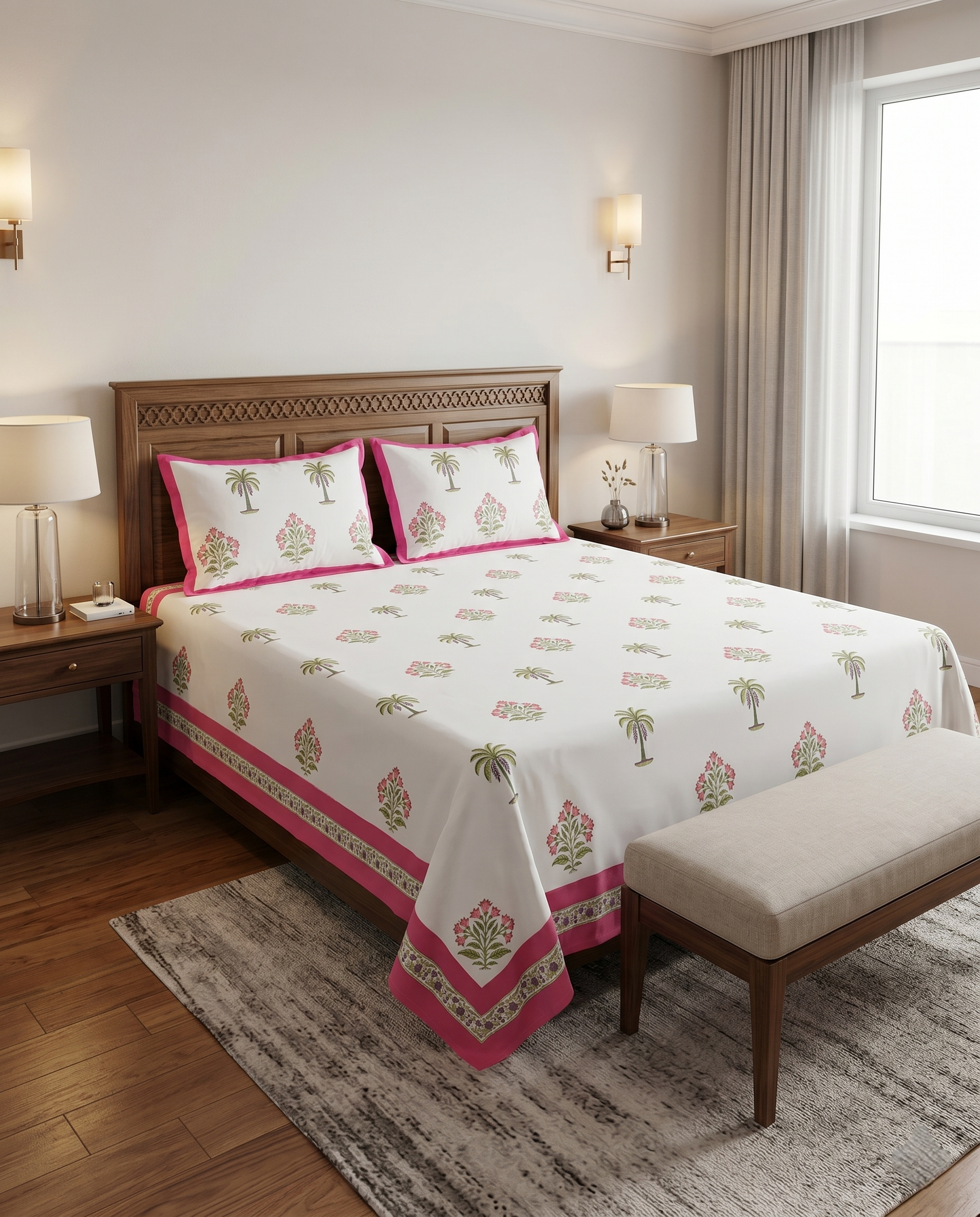 Palm Home Heritage Pink Tropica Premium Cotton Bedsheet