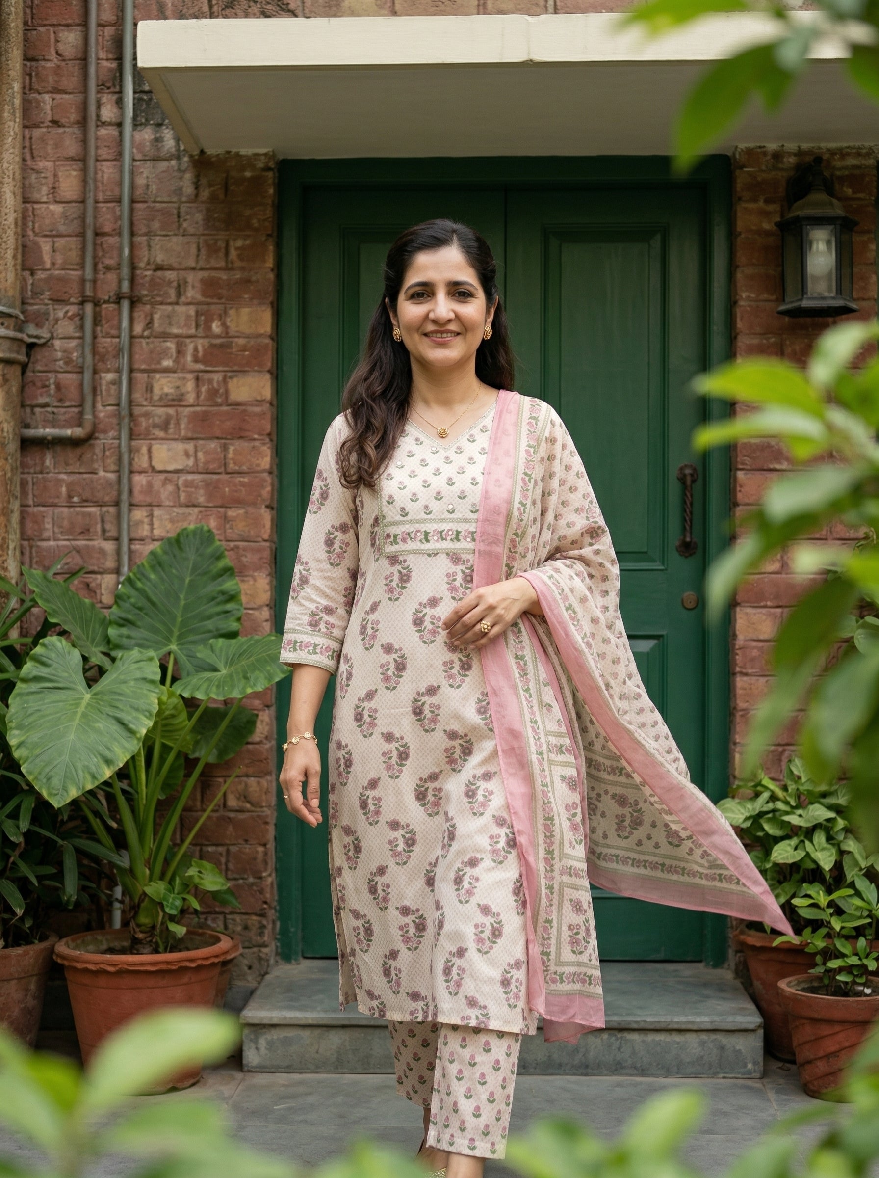 SUMMER BLOOMS WHITE / PINK, GREEN COTTON KPD SET