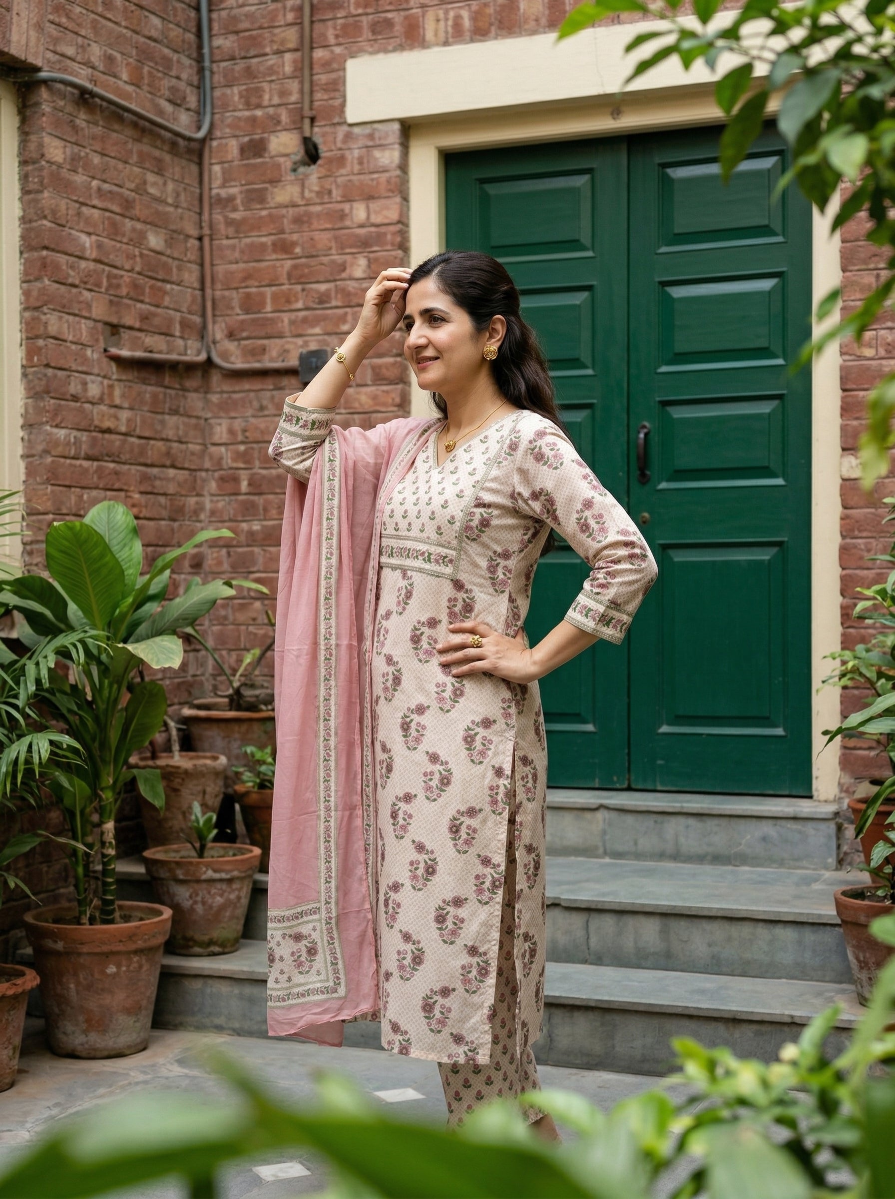 SUMMER BLOOMS WHITE / PINK, GREEN COTTON KPD SET