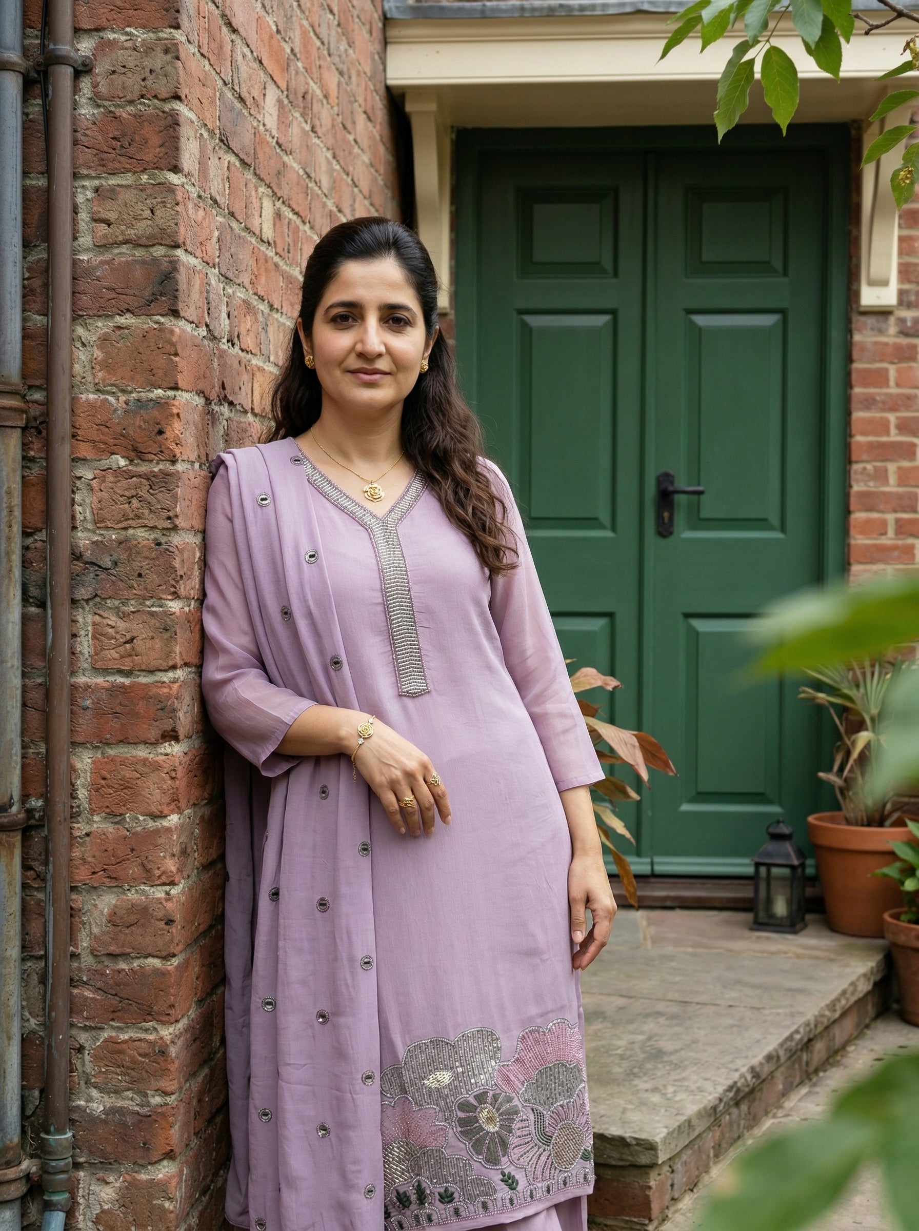 MUL MUSLIN HANDWORK LILAC KURTA PANT SET