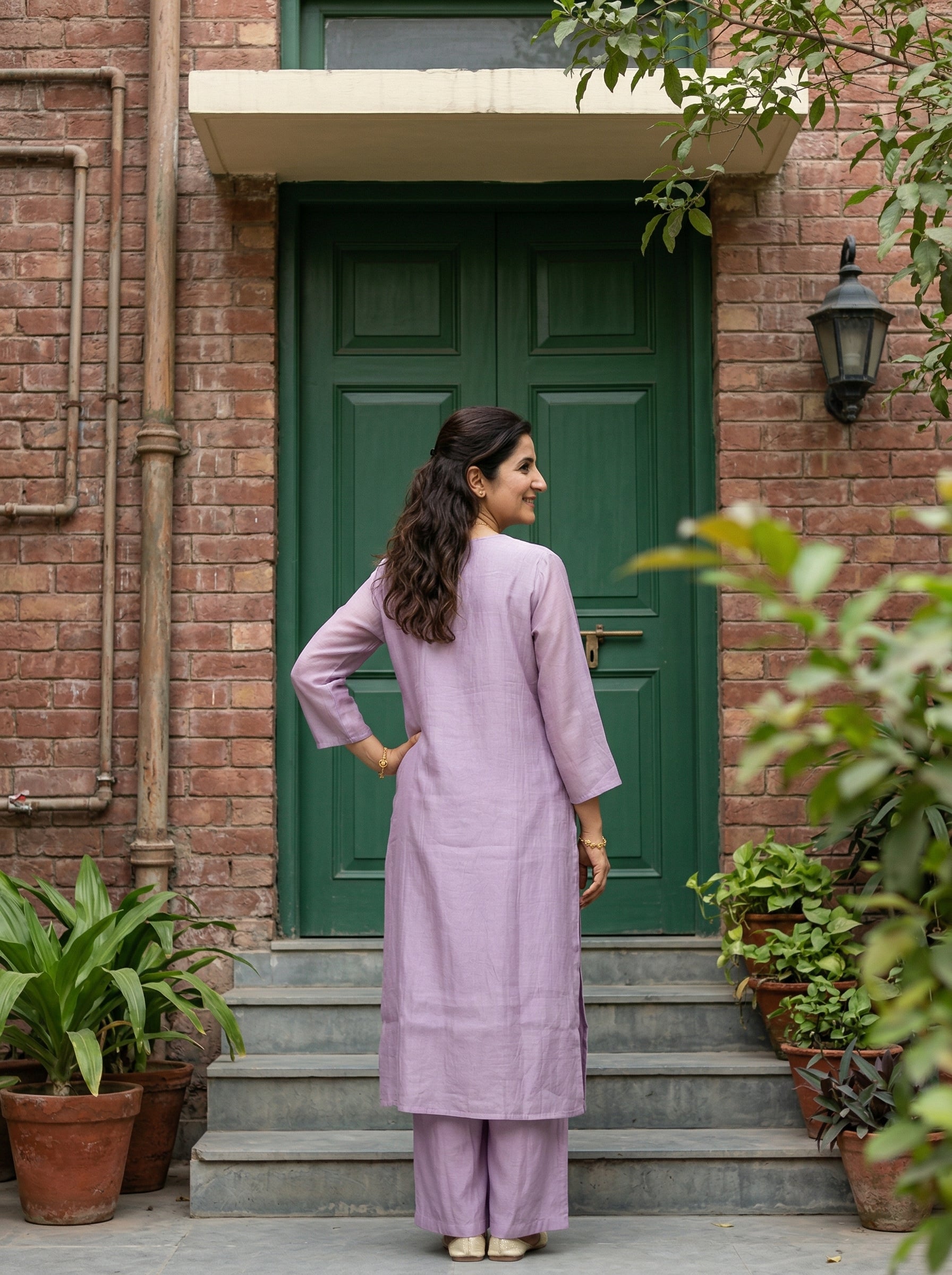 MUL MUSLIN HANDWORK LILAC KURTA PANT SET