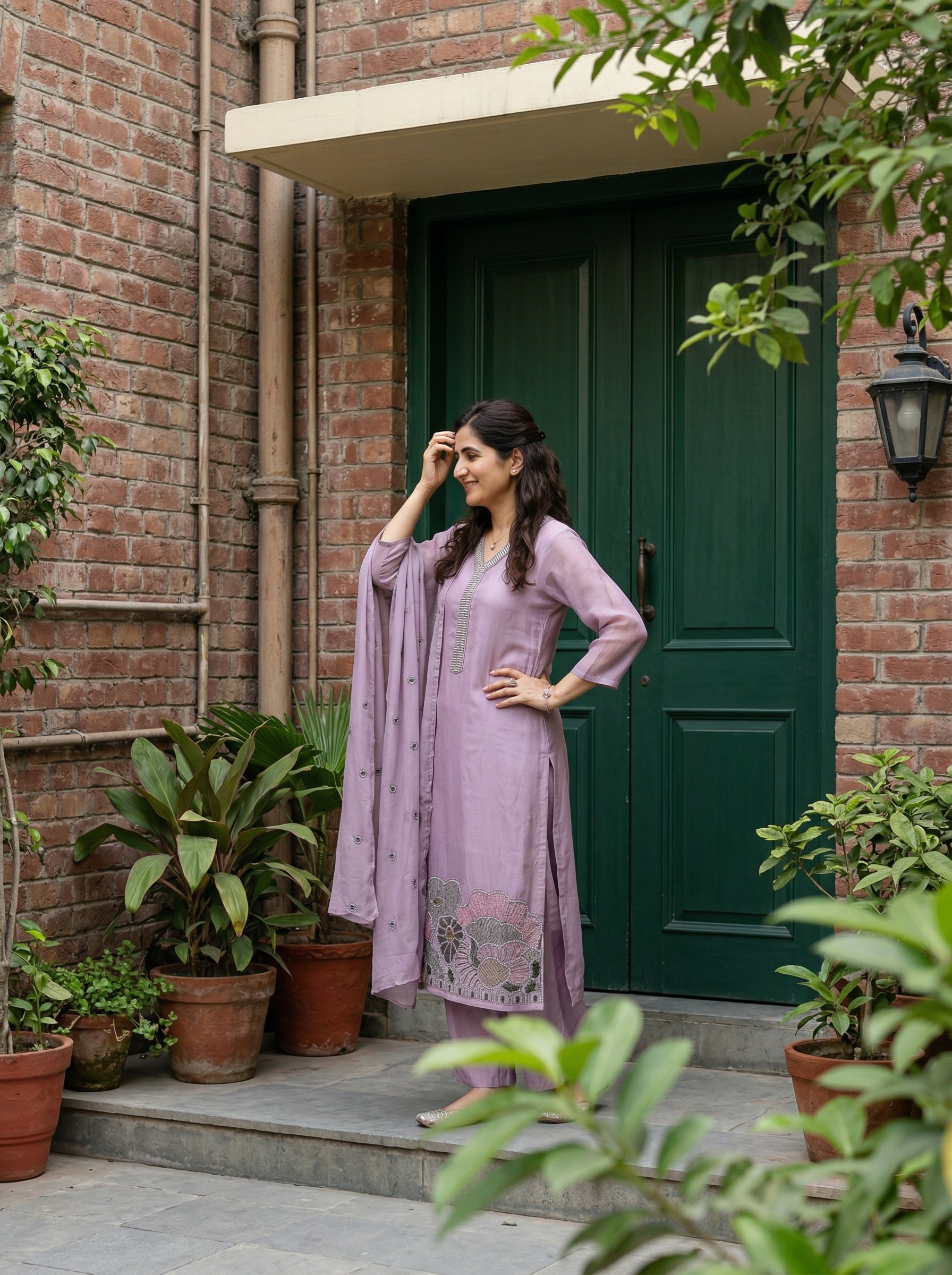 MUL MUSLIN HANDWORK LILAC KURTA PANT SET