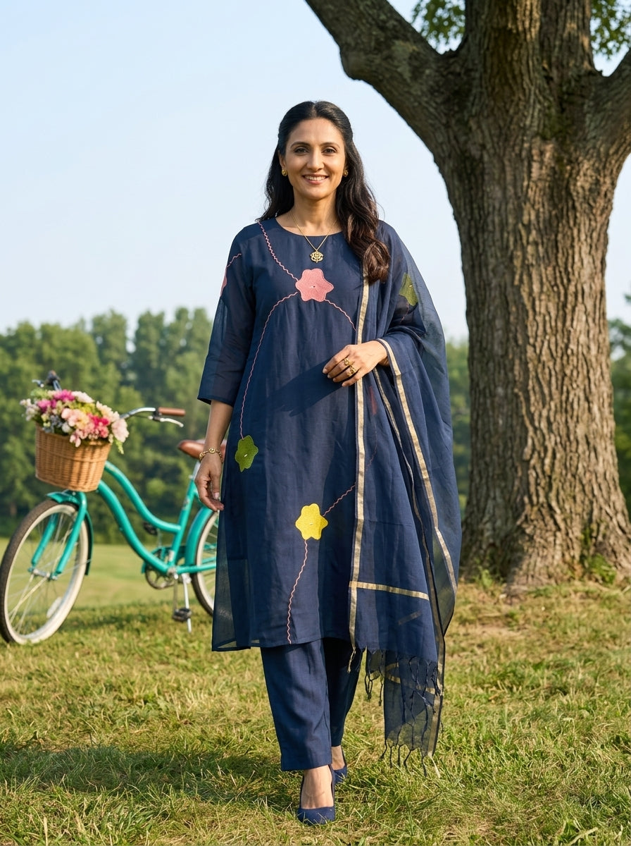 APPLIQUE DETAILED BLUE MUL CHANDERI 3PC KPD SET