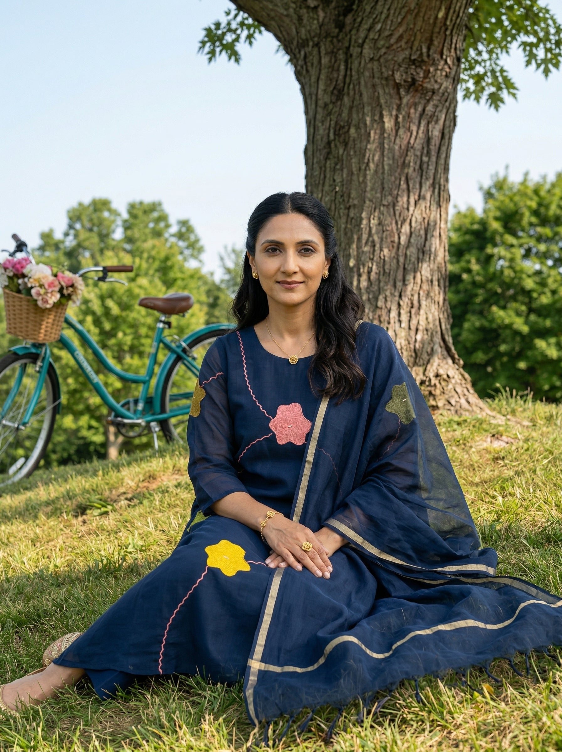 APPLIQUE DETAILED BLUE MUL CHANDERI 3PC KPD SET