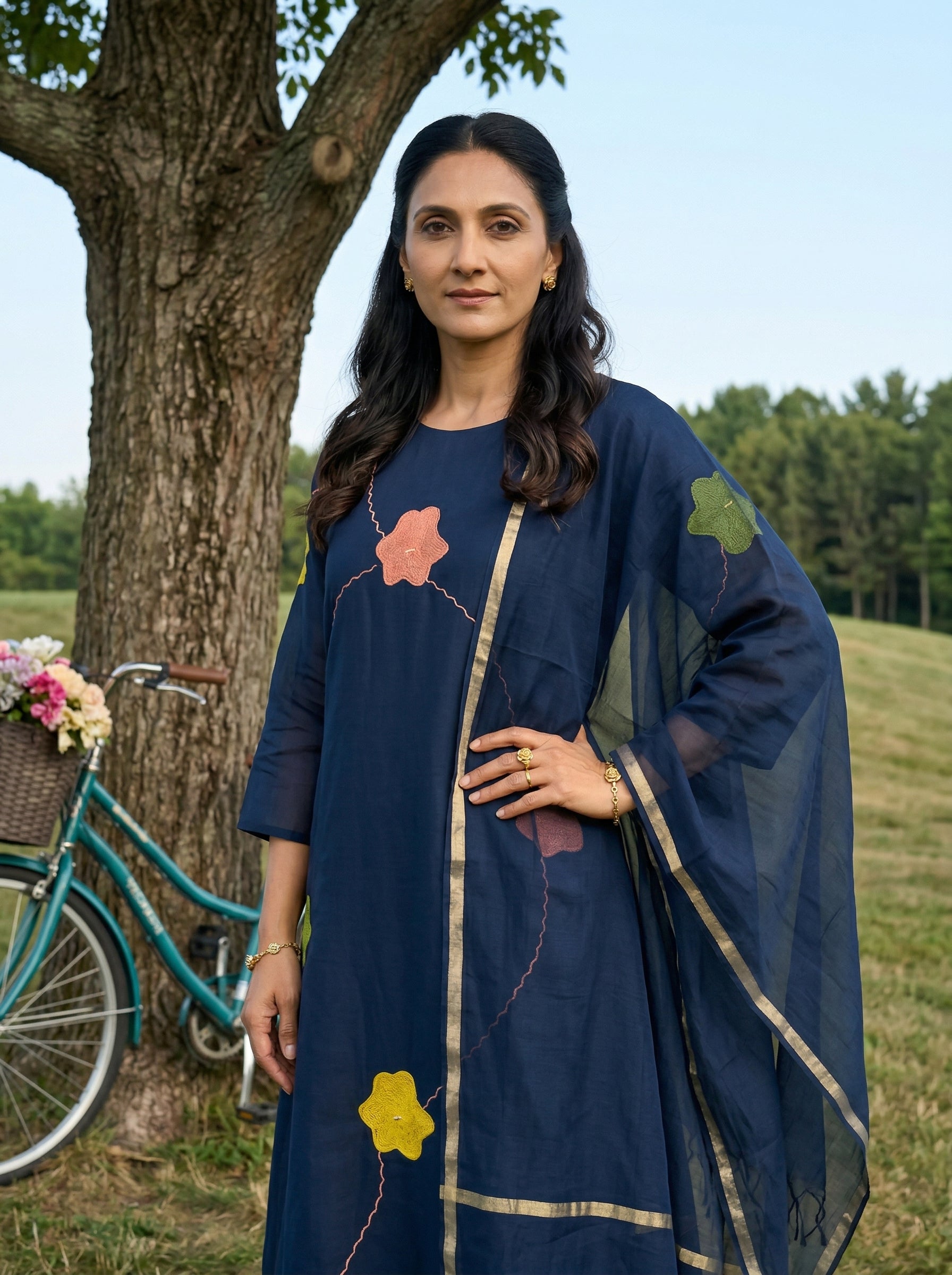 APPLIQUE DETAILED BLUE MUL CHANDERI 3PC KPD SET